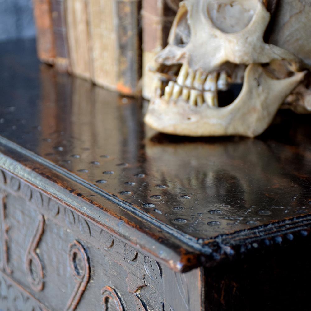 British Rare English Hand Carved Bible Box Side Table, circa 1690