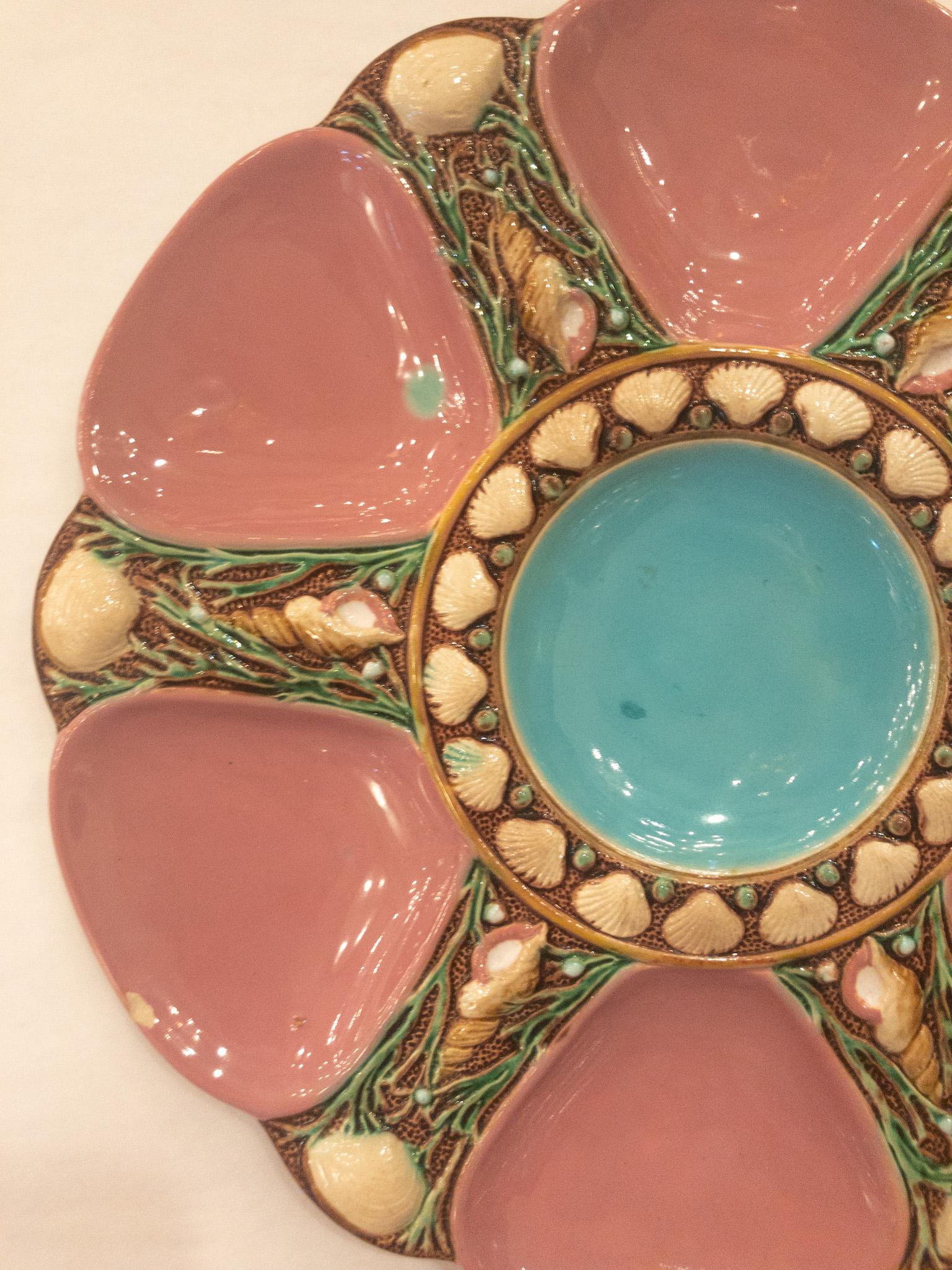 Rare English Minton Majolica oyster plate circa 1875 with pink and blue glaze.