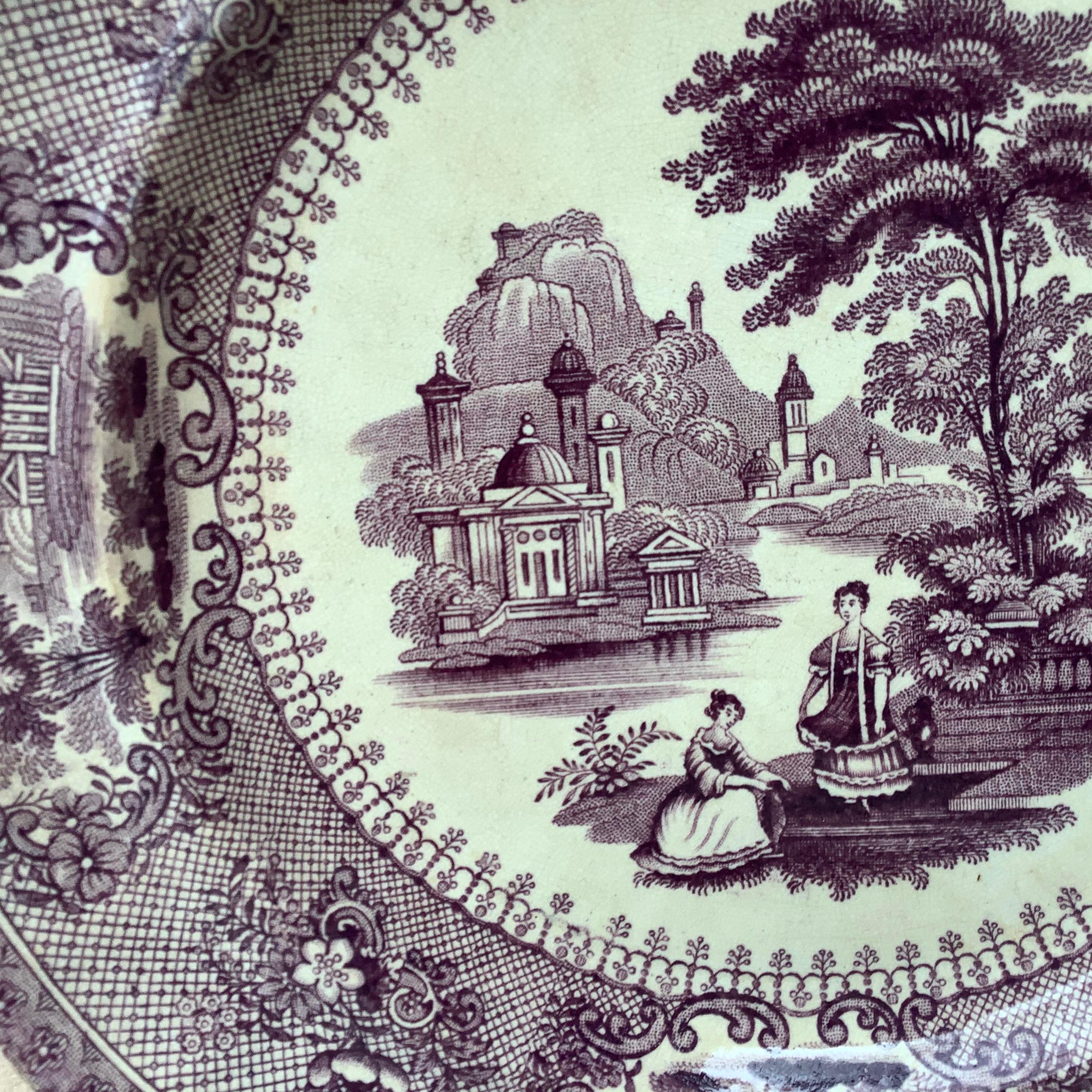 Rare English Mulberry color dinner plate signed Cork and Edge, Newport Pottery, Burslem, circa 1846–1860. Printed mark: “VERONA
