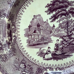 Rare English Mulberry Transferware Verona Dinner Plate, circa 1850