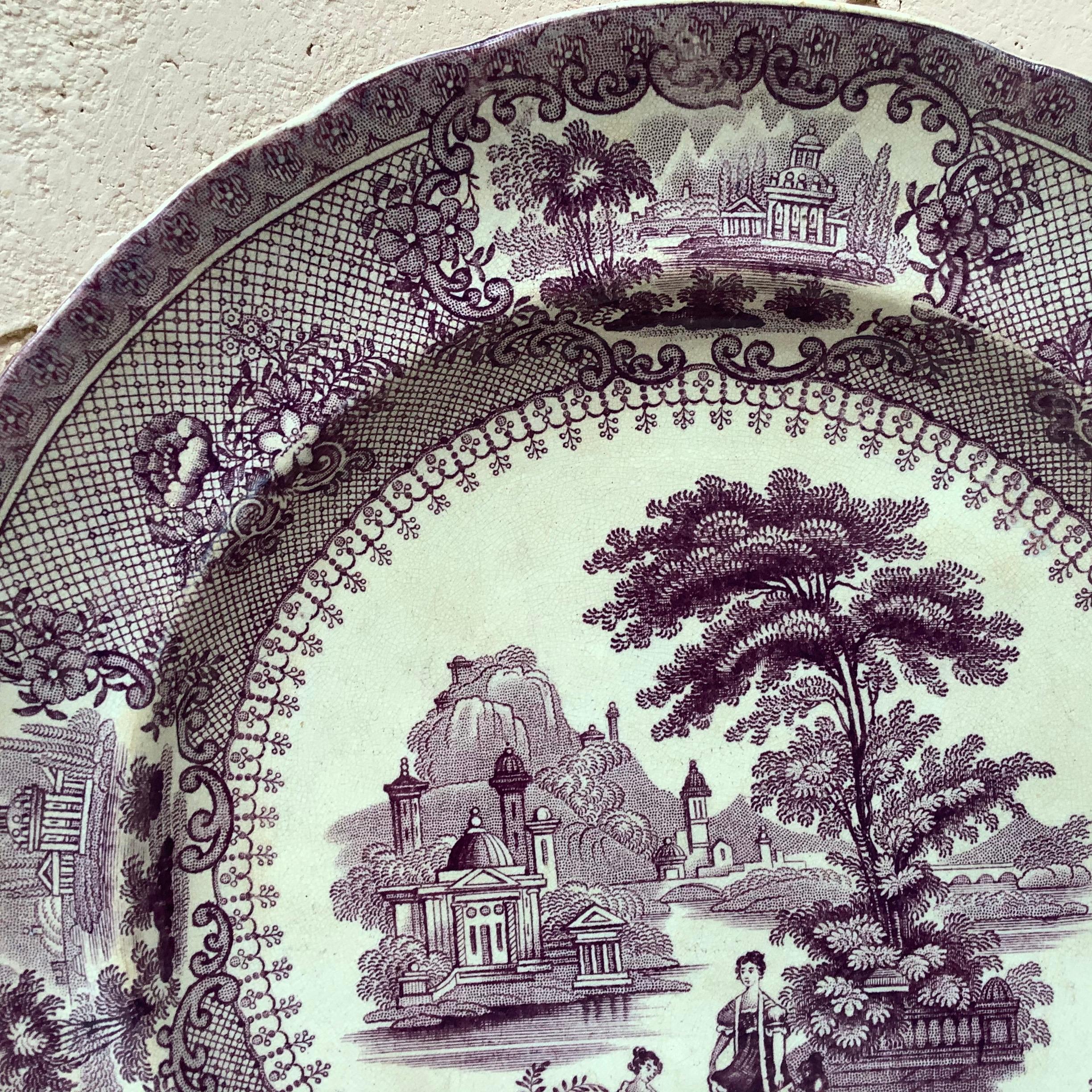 Victorian Rare English Mulberry Transferware Verona Dinner Plate, circa 1850