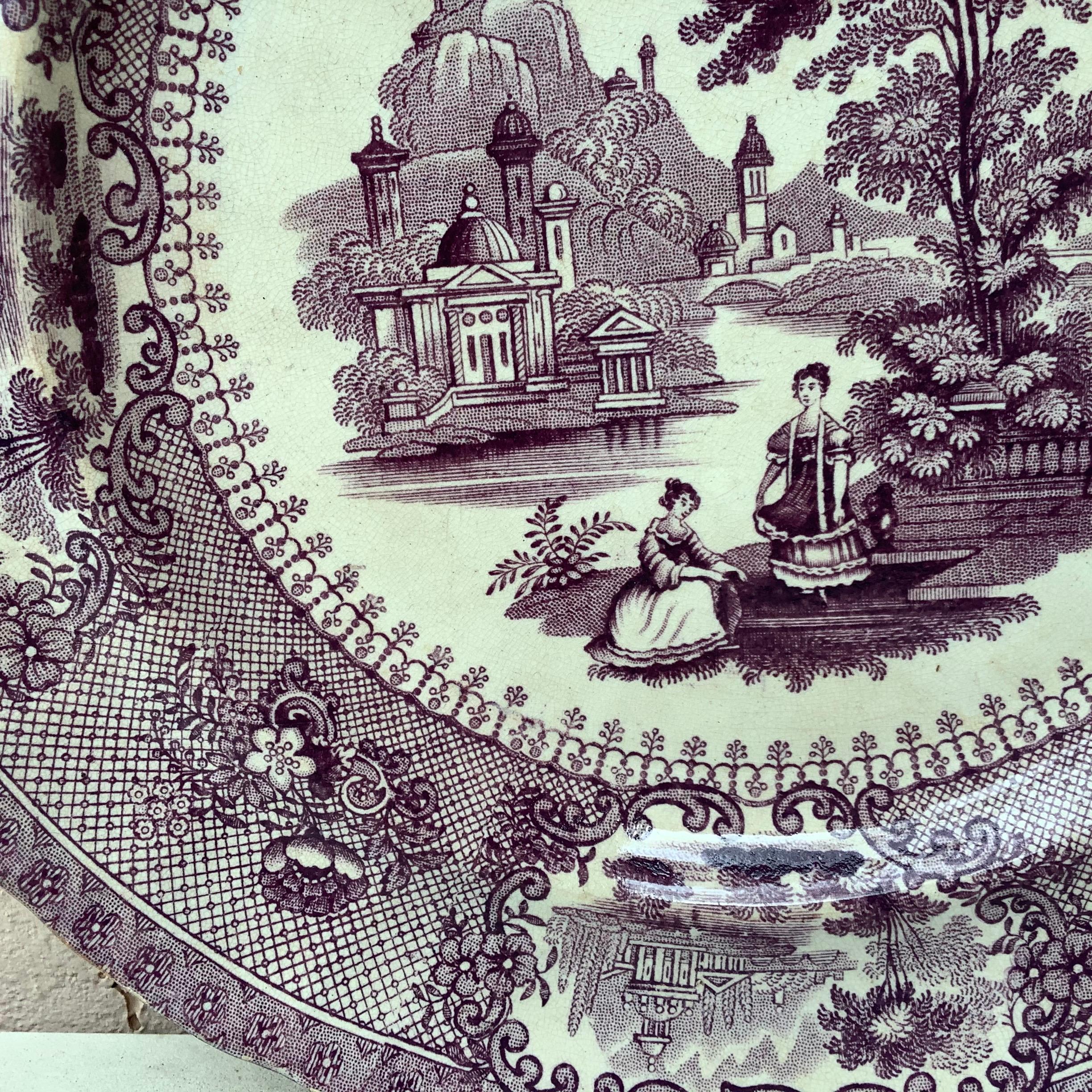 Rare English Mulberry Transferware Verona Dinner Plate, circa 1850 In Good Condition In Austin, TX