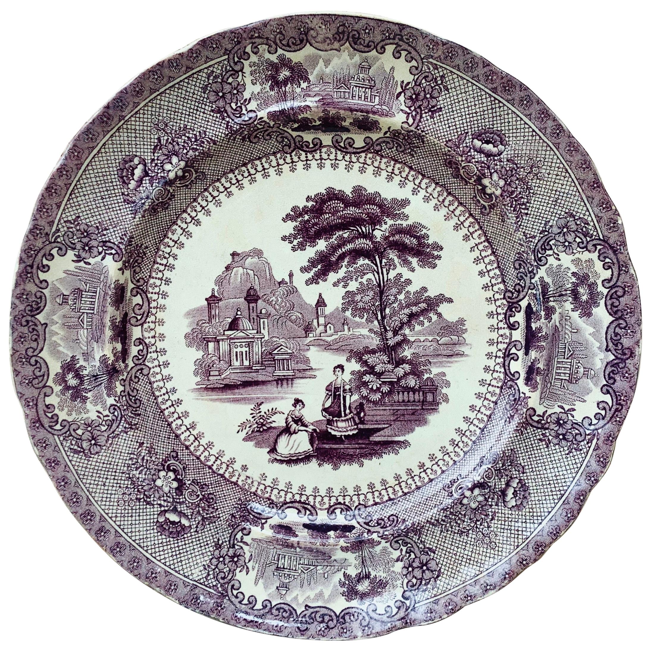 Rare English Mulberry Transferware Verona Dinner Plate, circa 1850