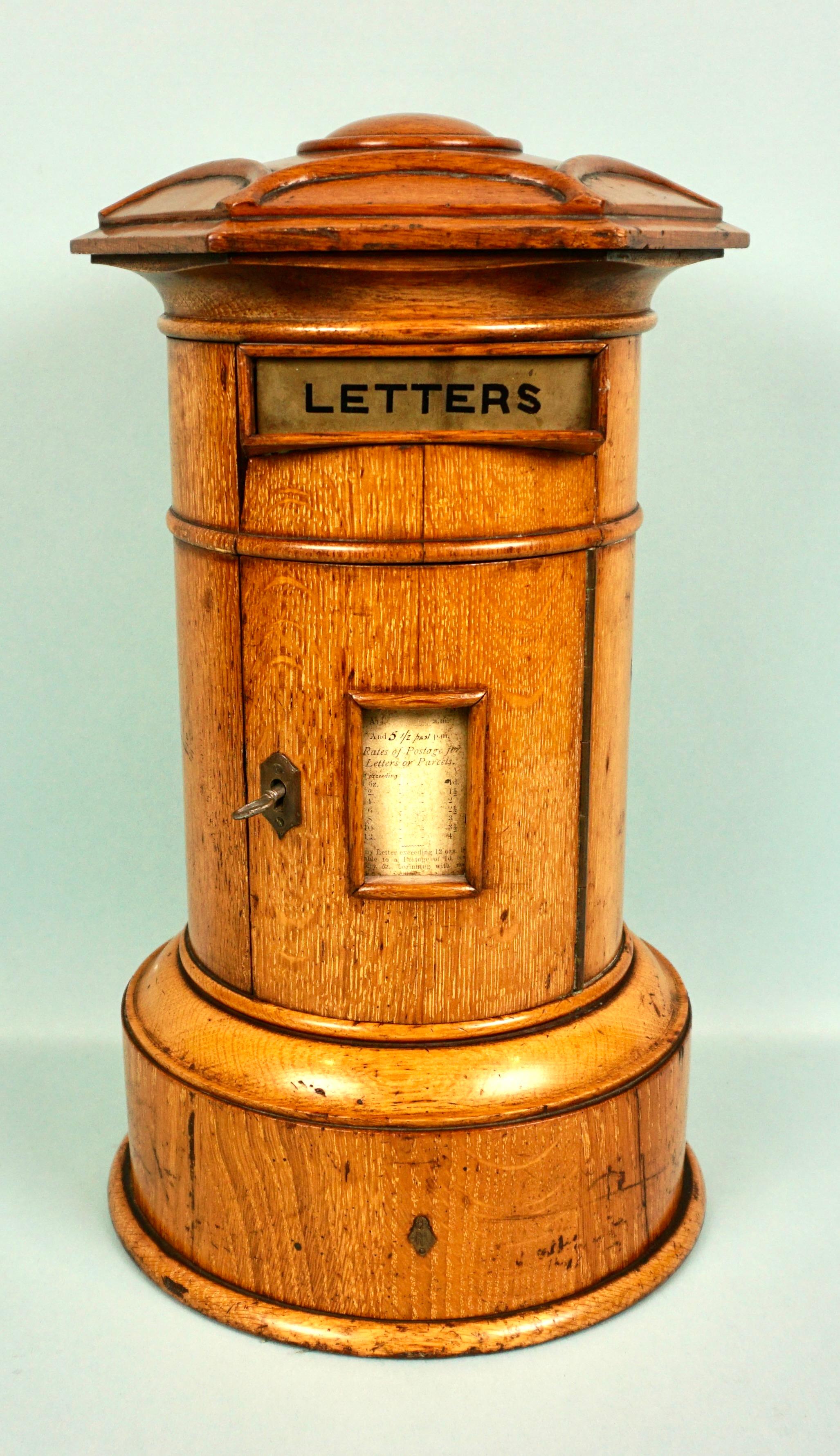 Brass Rare English Victorian Period Oak Country House Pillar Form Mailbox 