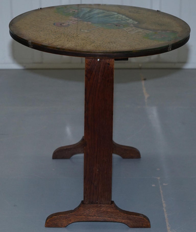 Rare English Oak TiltTop Side Table with Hand Painted Picture Glass