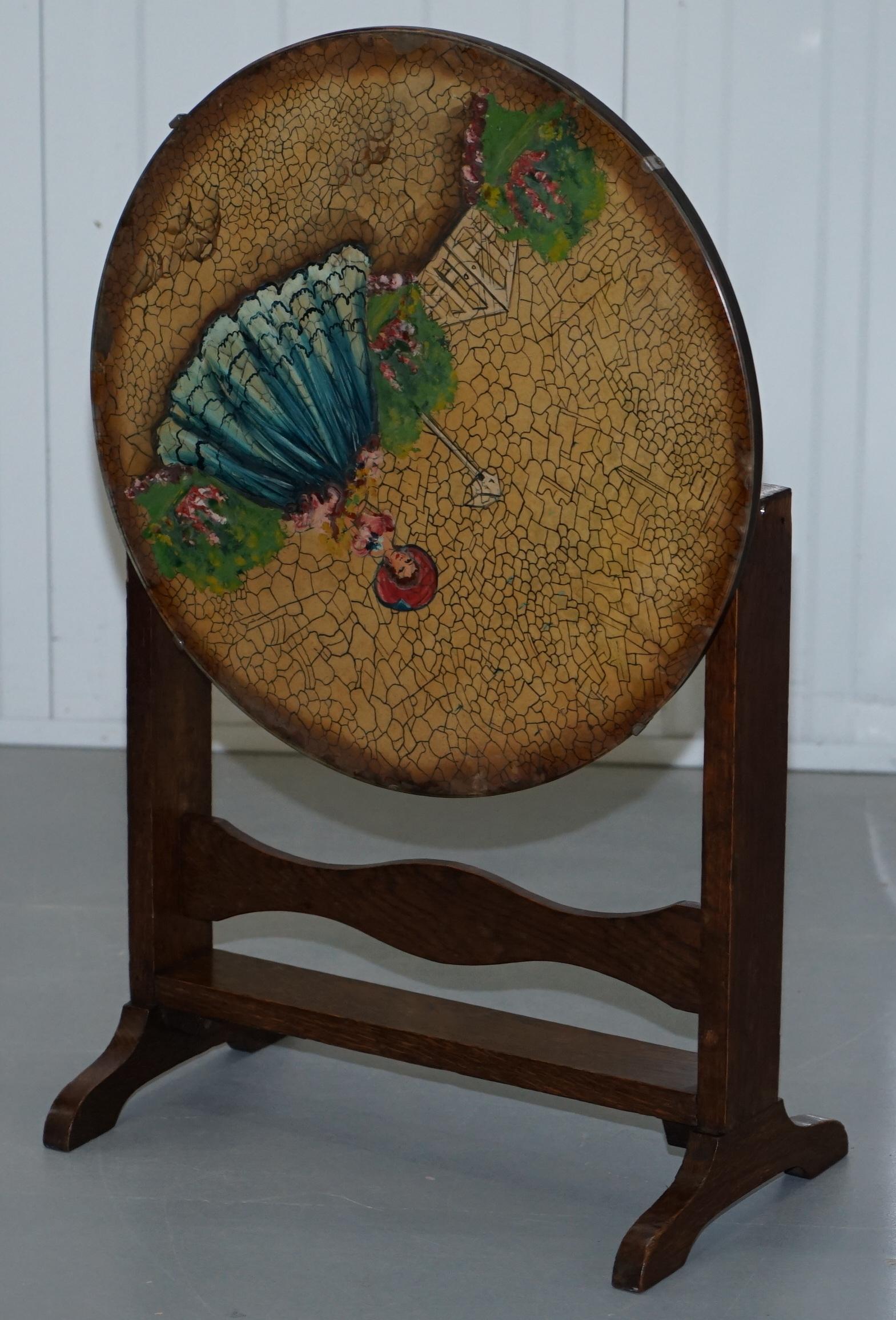 Rare English Oak Tilt-Top Side Table with Hand Painted Picture Glass Case Lovely For Sale 8
