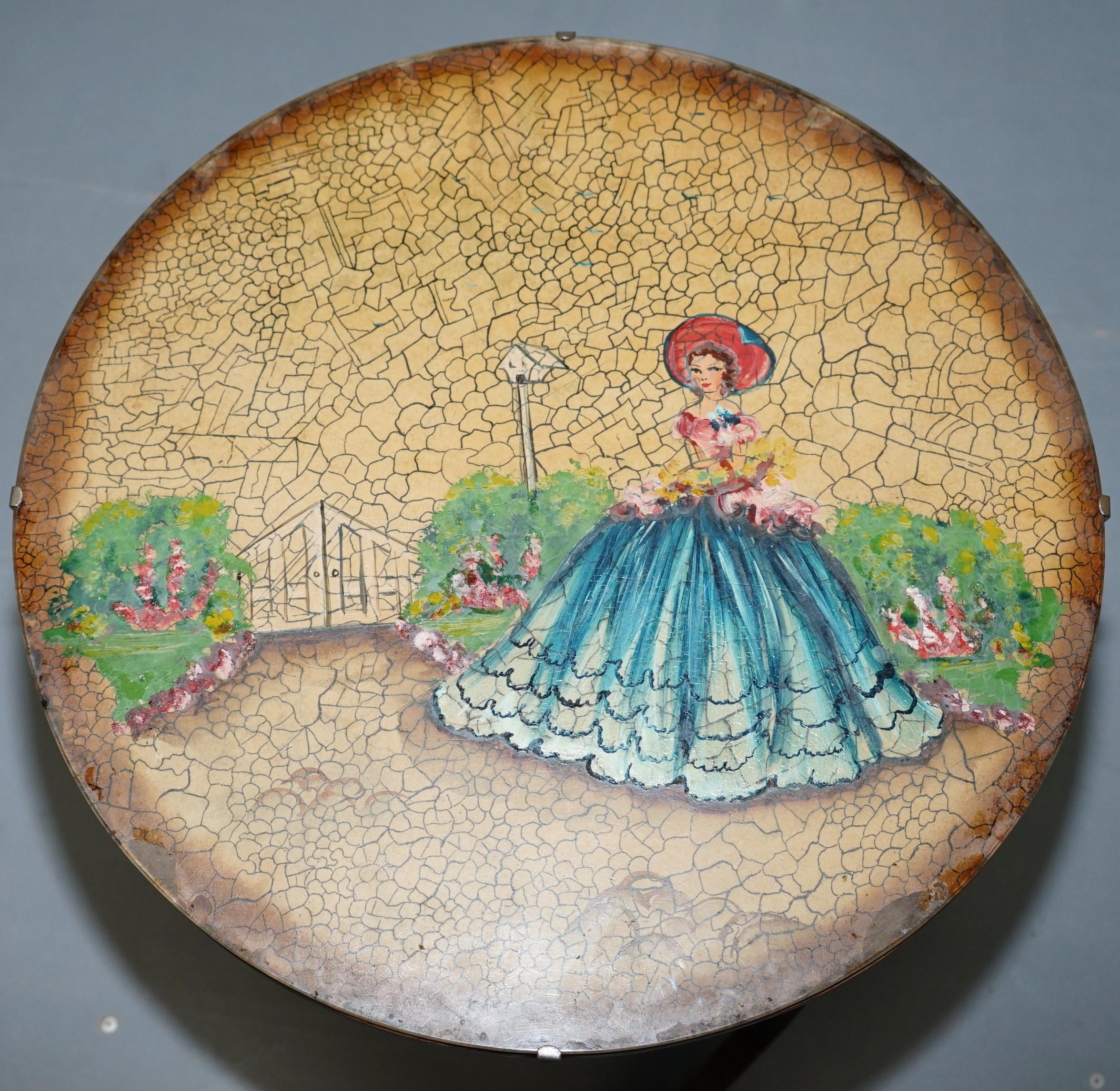 Edwardian Rare English Oak Tilt-Top Side Table with Hand Painted Picture Glass Case Lovely