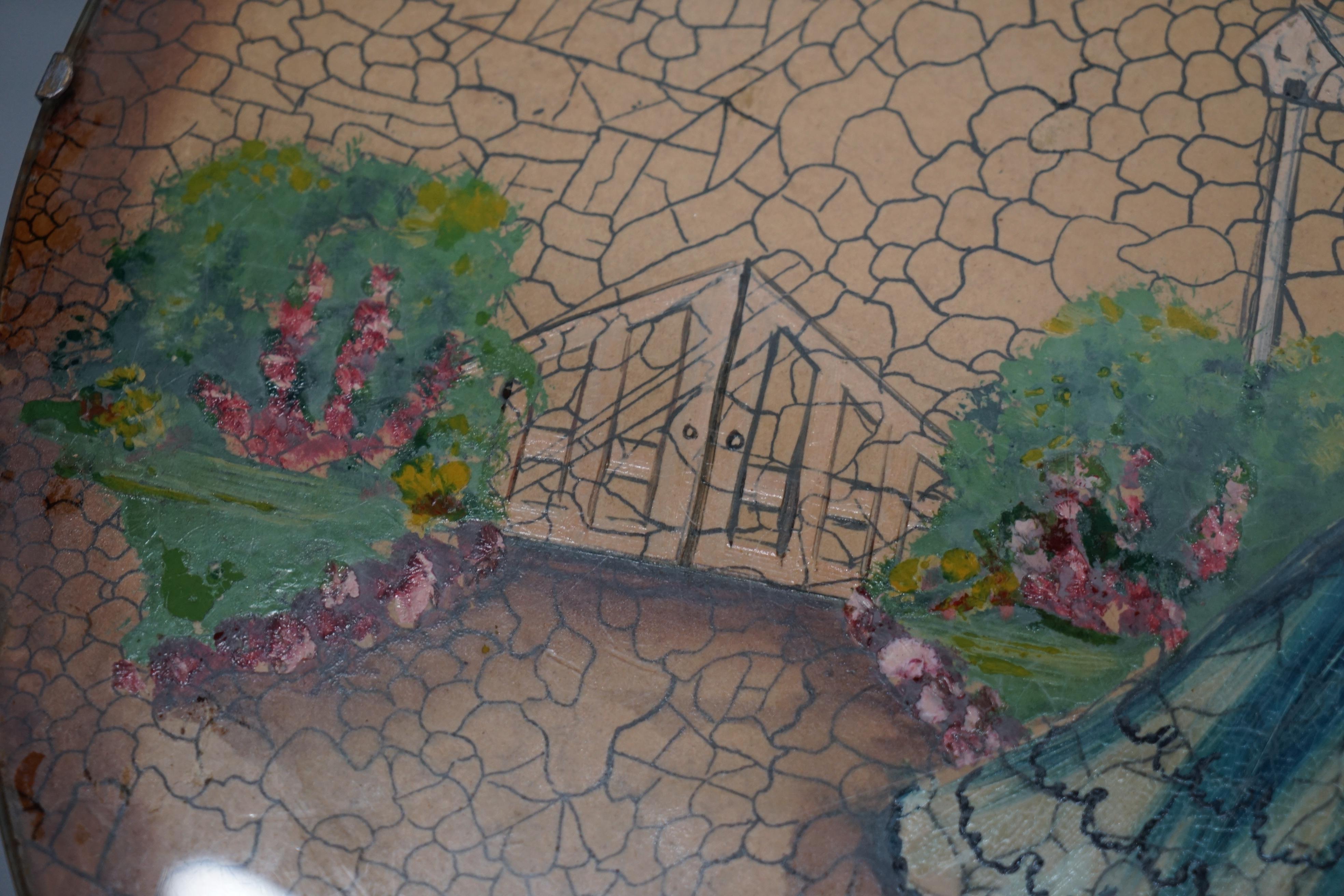 20th Century Rare English Oak Tilt-Top Side Table with Hand Painted Picture Glass Case Lovely