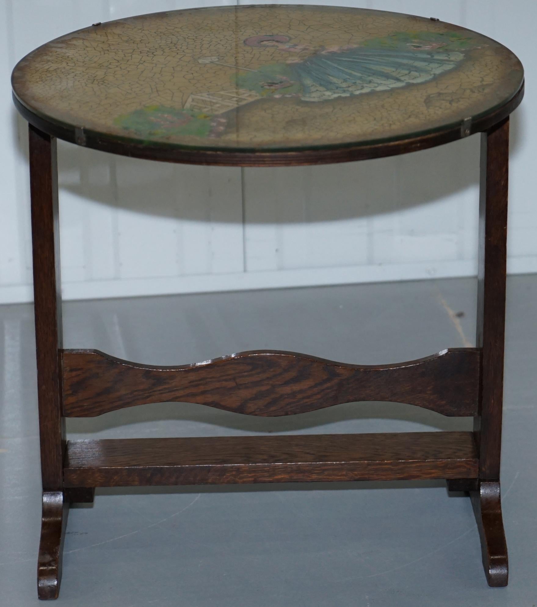 Rare English Oak Tilt-Top Side Table with Hand Painted Picture Glass Case Lovely For Sale 2