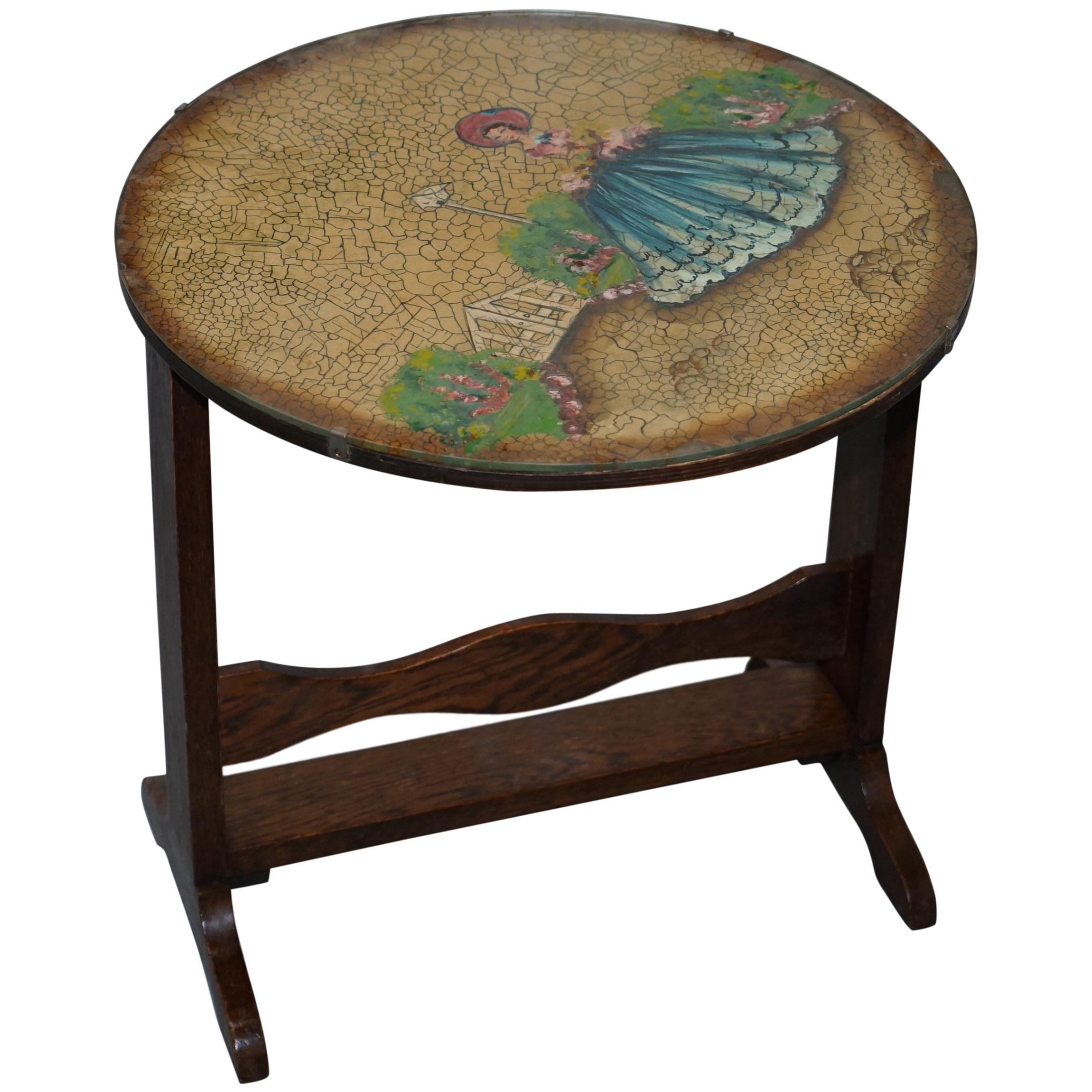 Rare English Oak Tilt-Top Side Table with Hand Painted Picture Glass Case Lovely For Sale