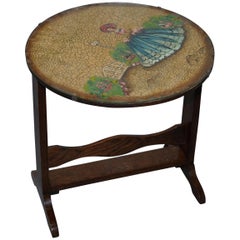 Used Rare English Oak Tilt-Top Side Table with Hand Painted Picture Glass Case Lovely