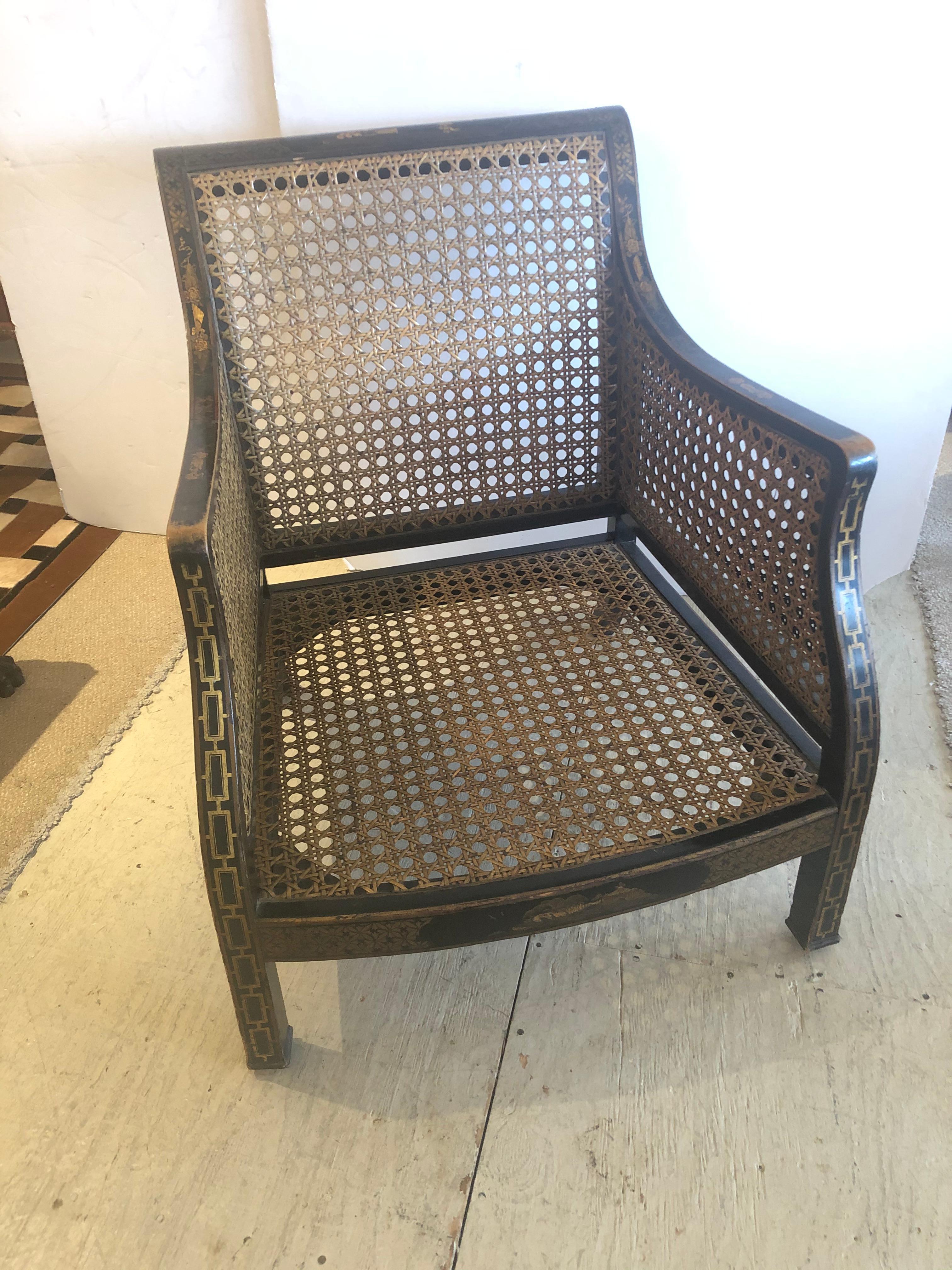 Rare fauteuil Chinoiserie anglaise Regency à double cannage avec coussins en cuir en vente 6