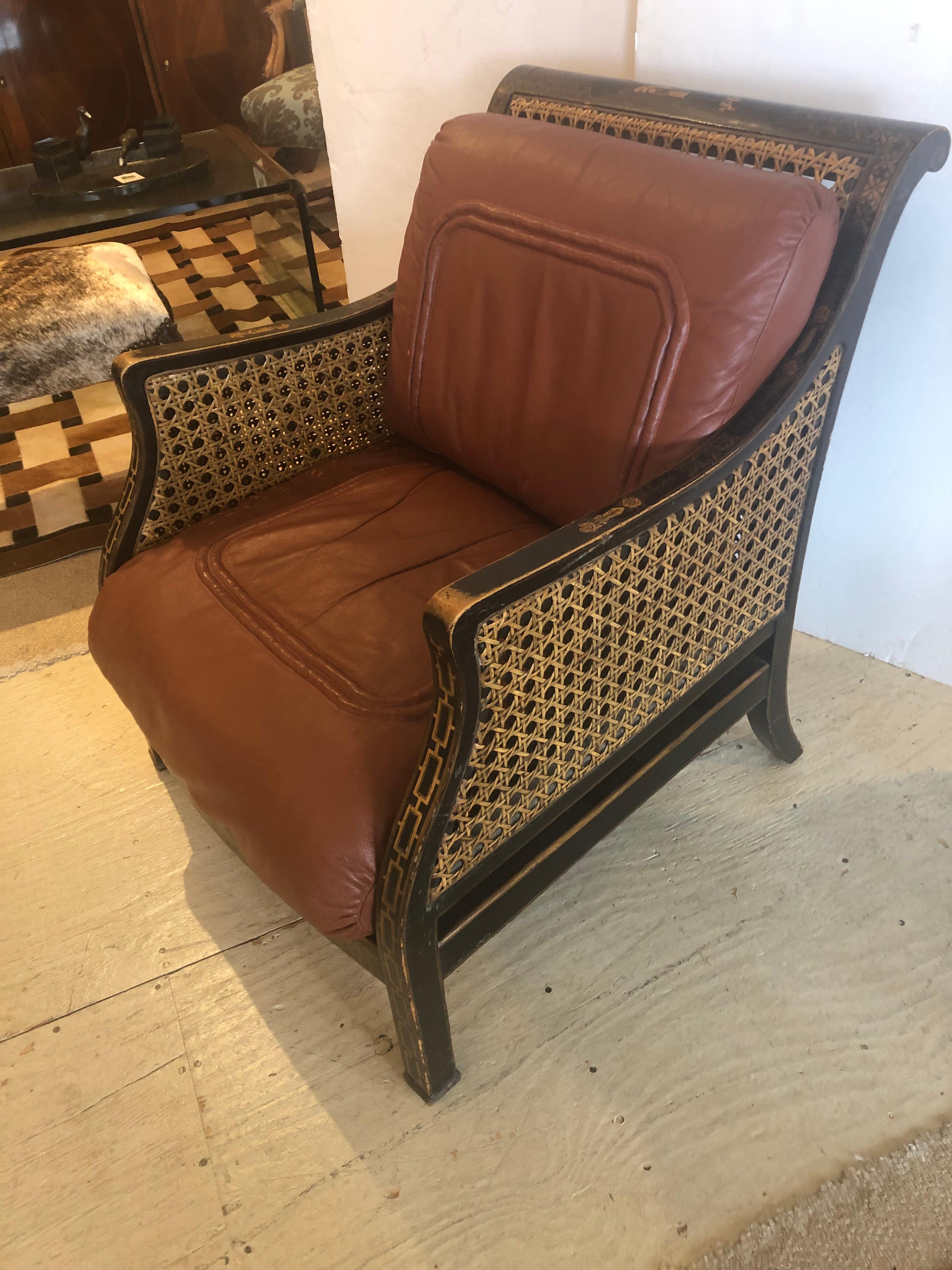 XIXe siècle Rare fauteuil Chinoiserie anglaise Regency à double cannage avec coussins en cuir en vente