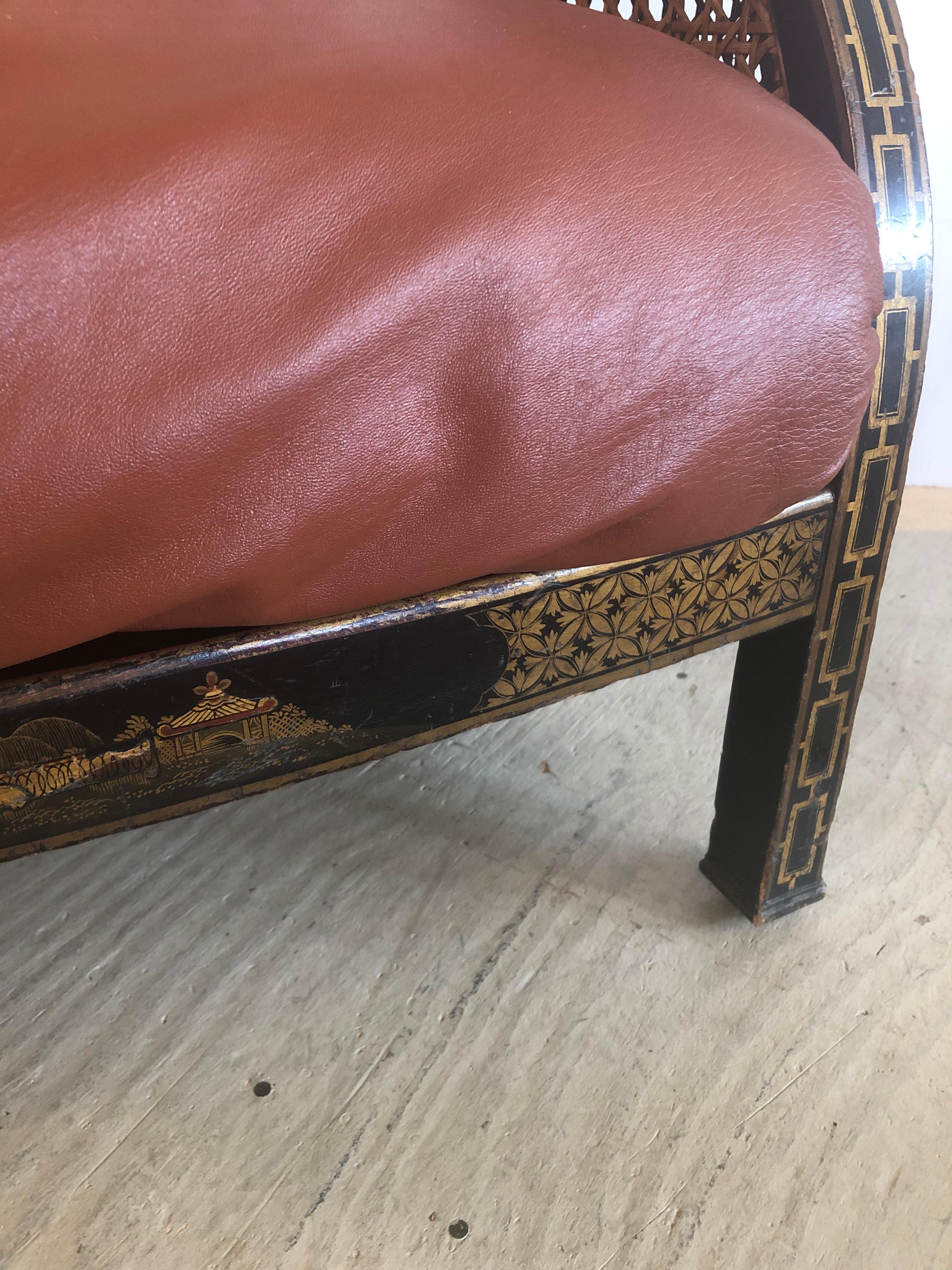 Rare fauteuil Chinoiserie anglaise Regency à double cannage avec coussins en cuir en vente 1