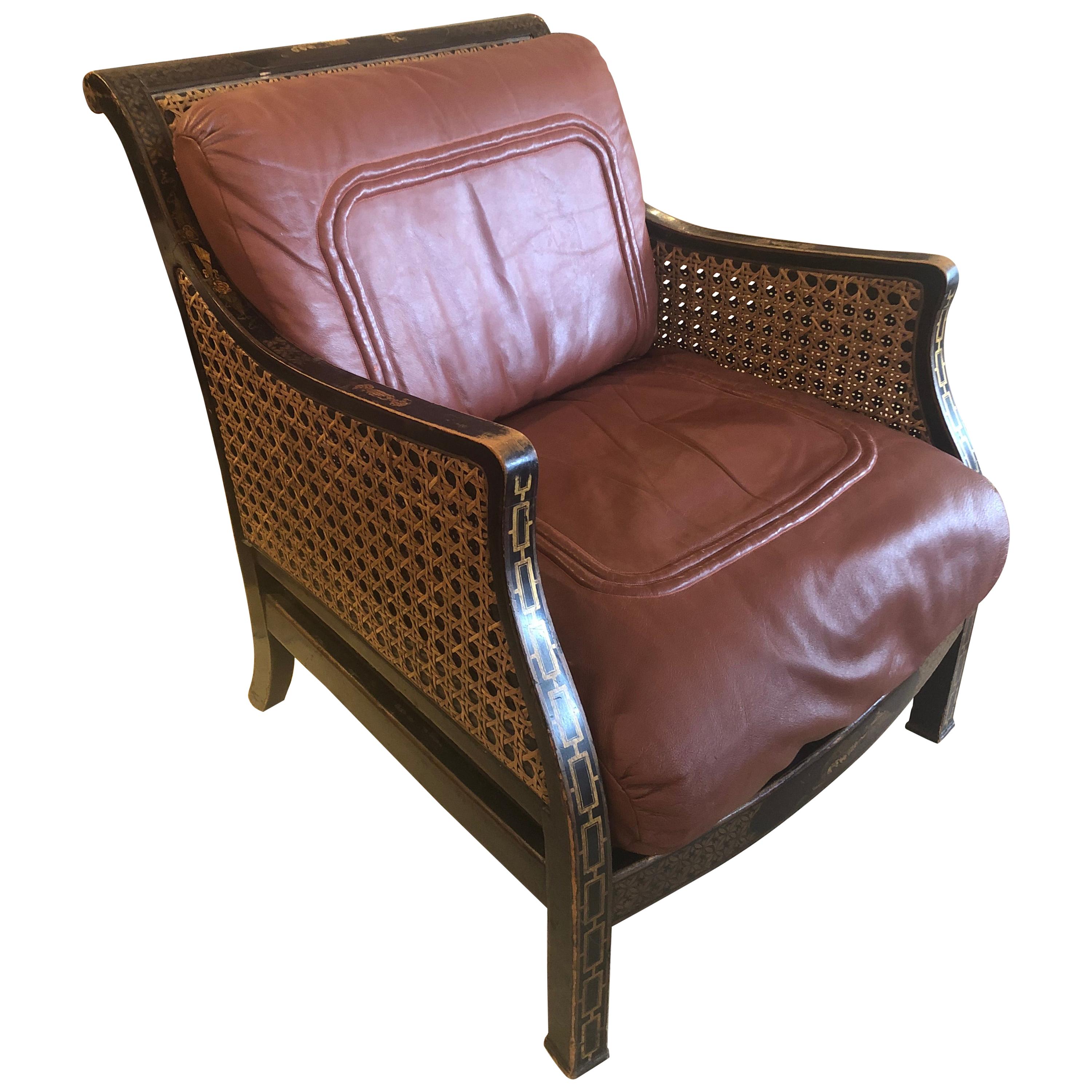 Rare English Regency Double Caned Chinoiserie Armchair with Leather Cushions