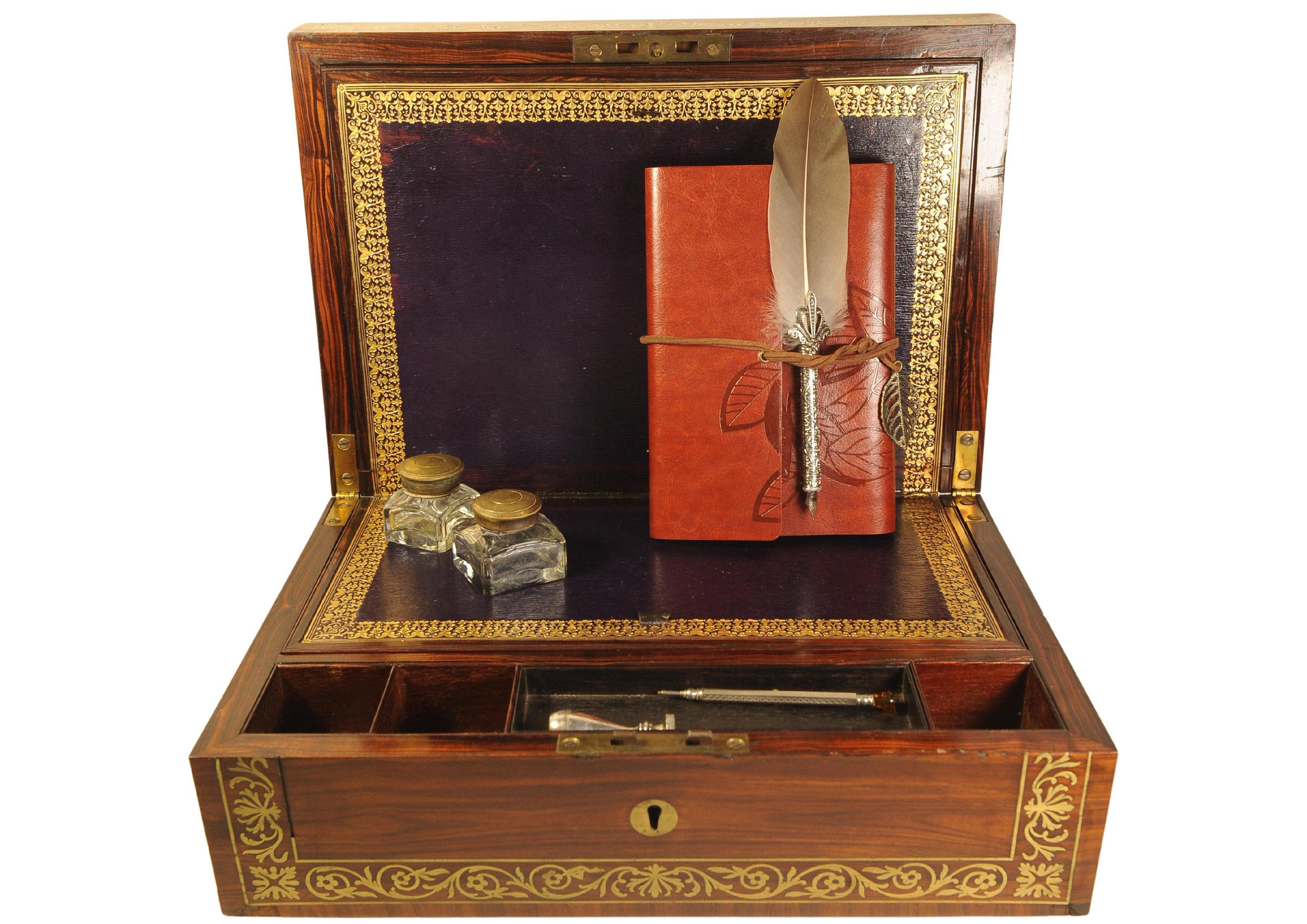 Hand-Crafted Rare English Regency Writing Desk With Decorative Brass Trim by Wells & Lambe For Sale