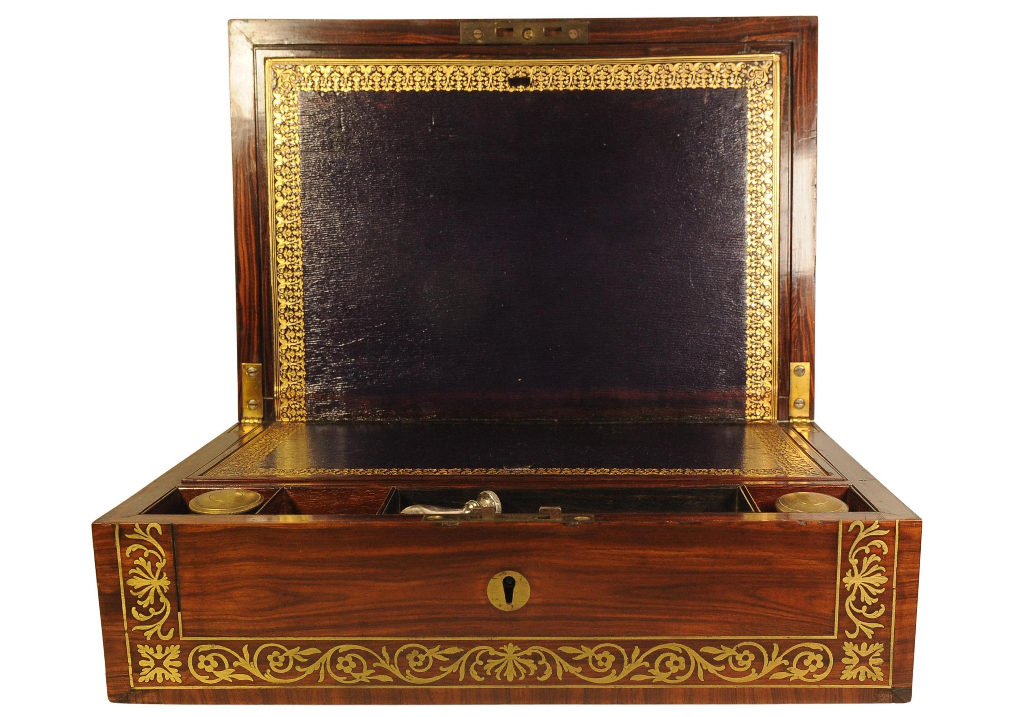 Rare English Regency Writing Desk With Decorative Brass Trim by Wells & Lambe For Sale 7