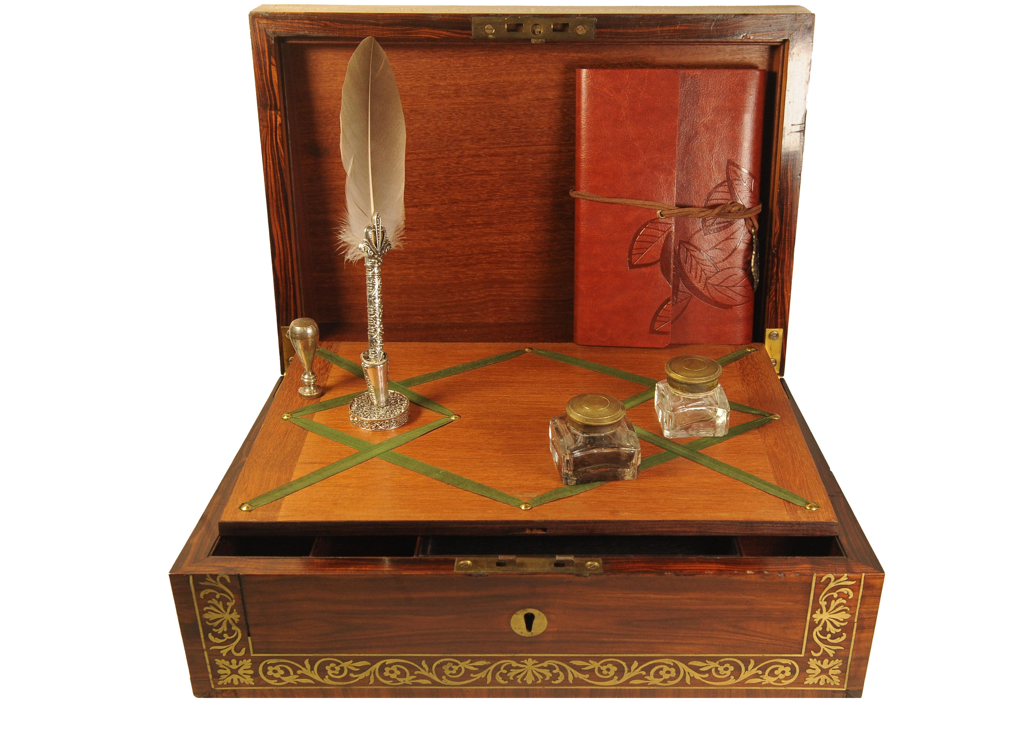 19th Century Rare English Regency Writing Desk With Decorative Brass Trim by Wells & Lambe For Sale