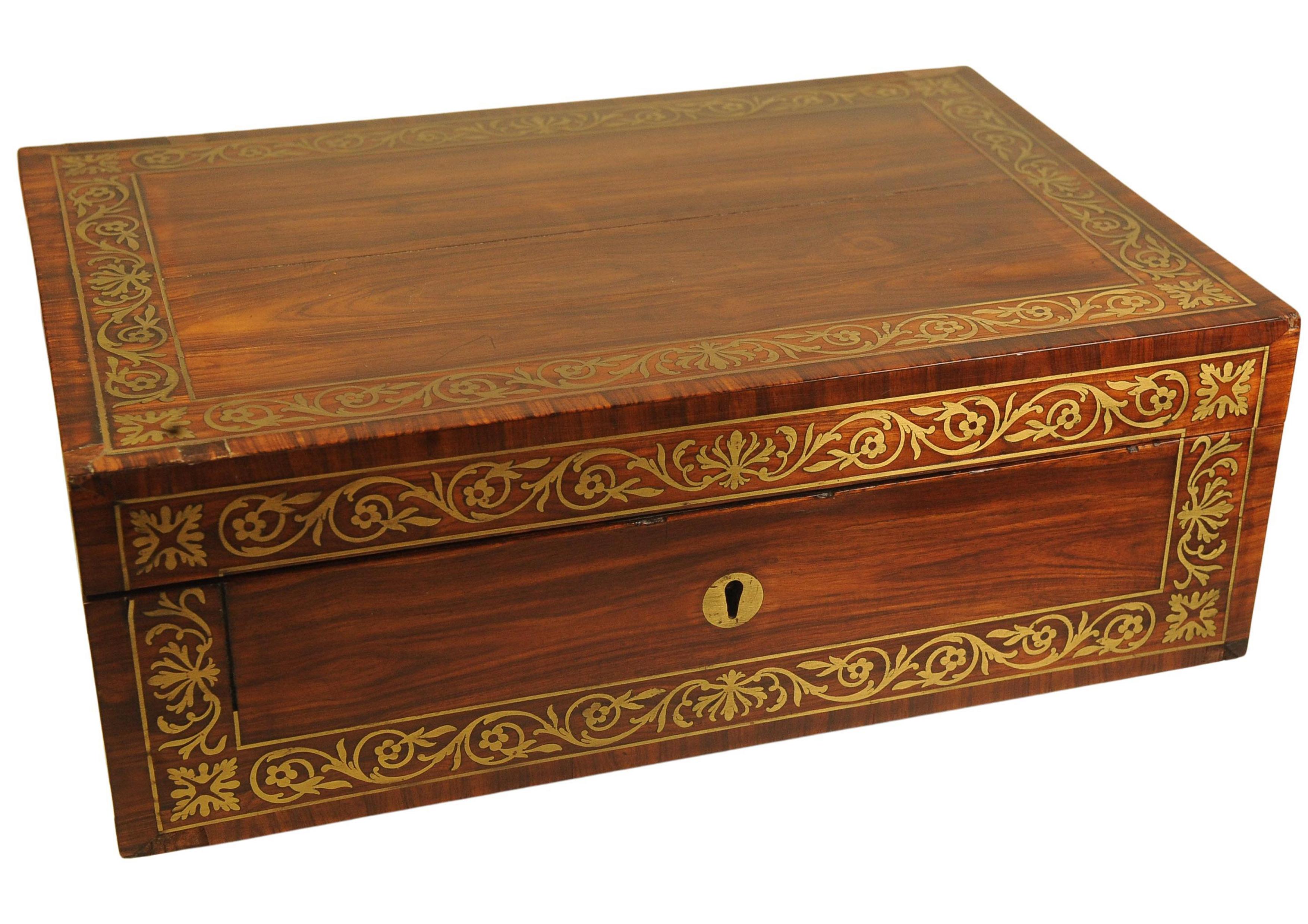 British Rare English Regency Writing Desk With Decorative Brass Trim by Wells & Lambe For Sale