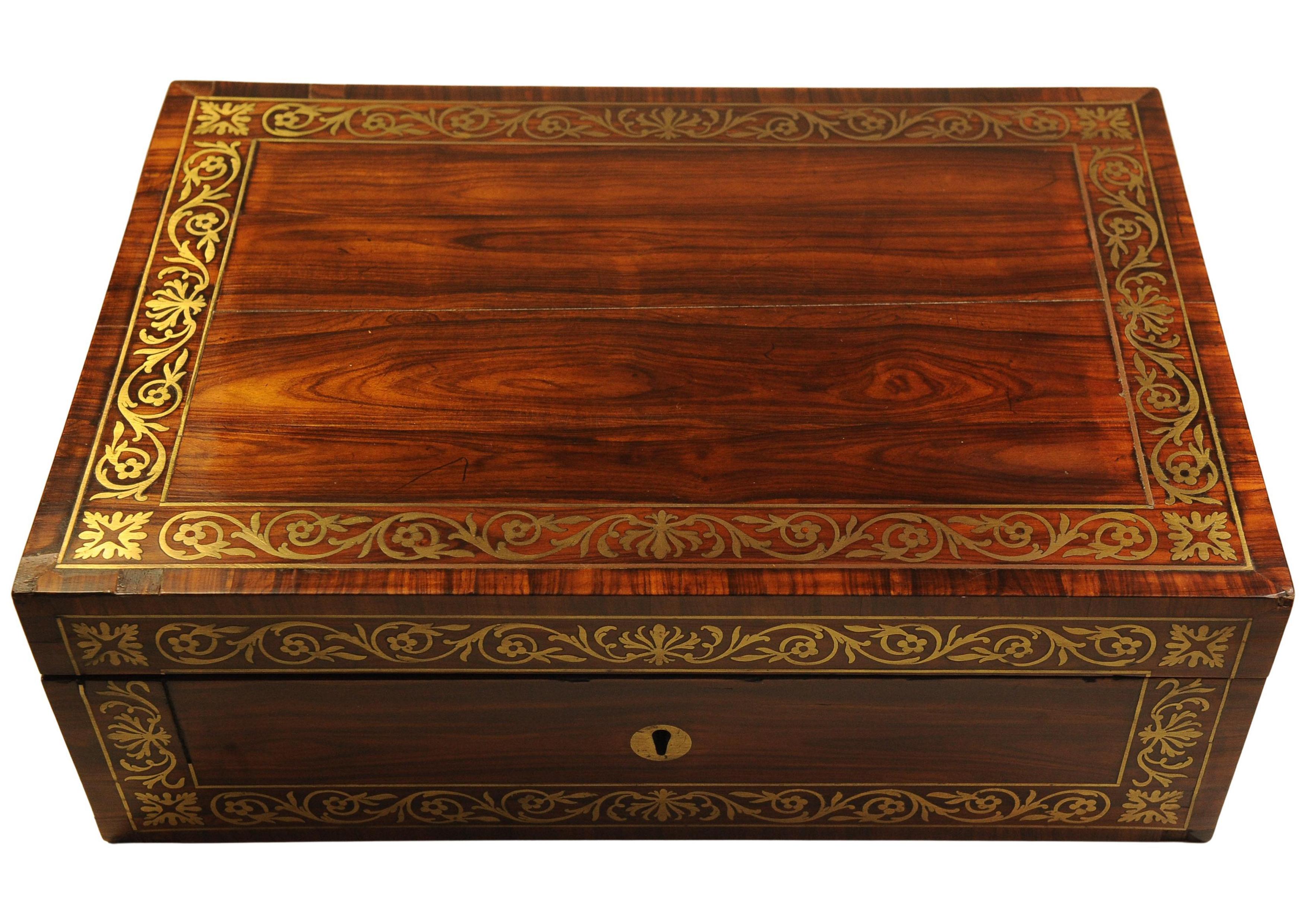 Rare English Regency Writing Desk With Decorative Brass Trim by Wells & Lambe For Sale