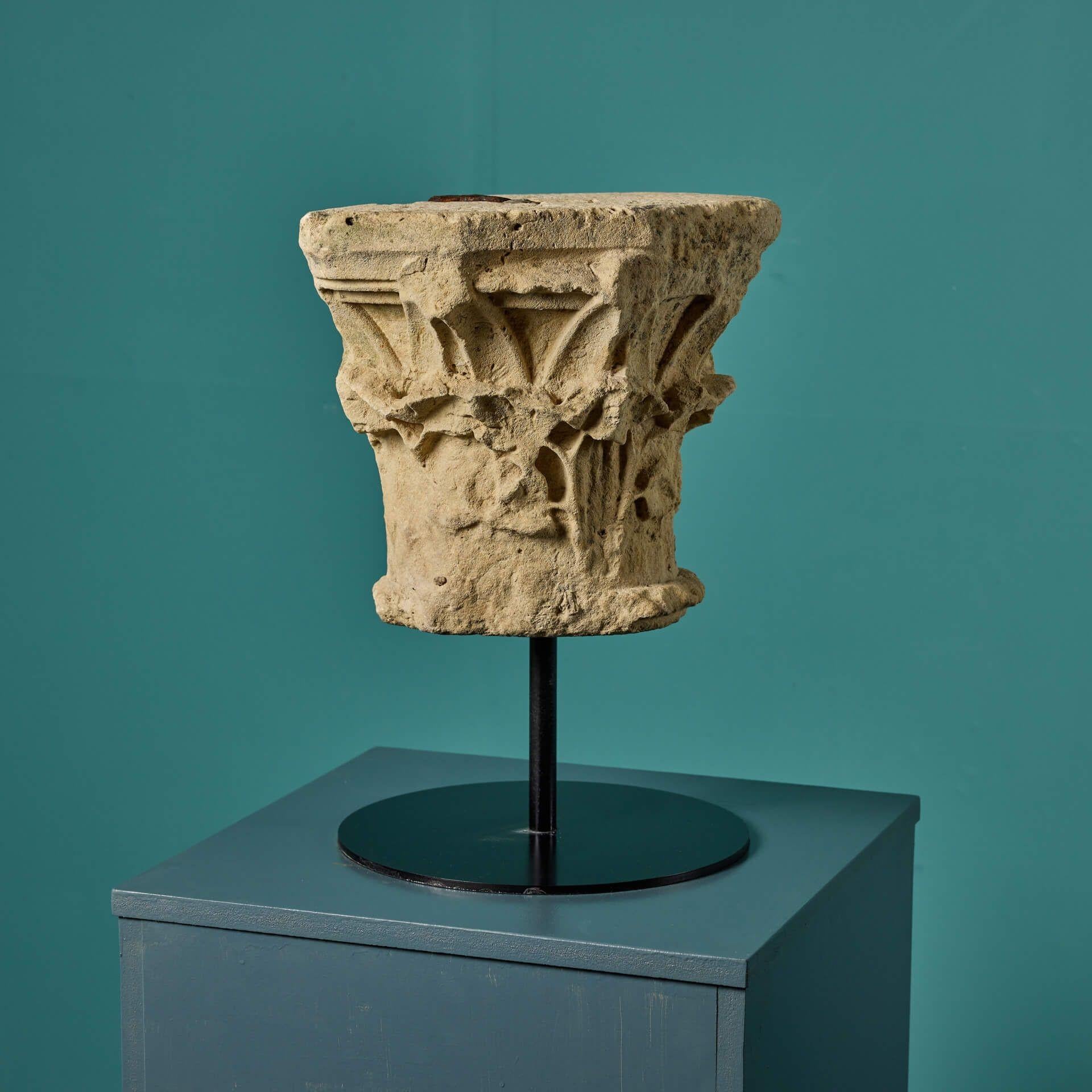 18th Century and Earlier Rare English Romanesque Limestone Capital on Stand For Sale