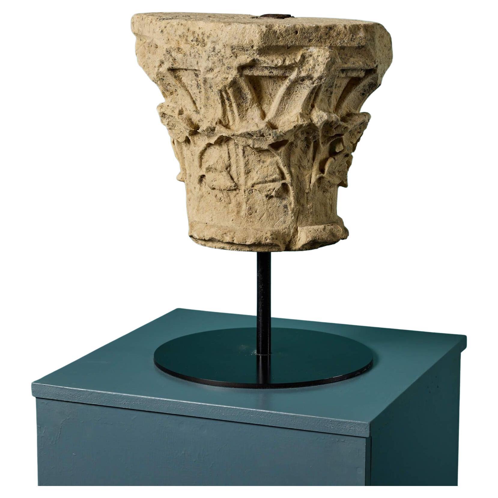 Rare English Romanesque Limestone Capital on Stand For Sale