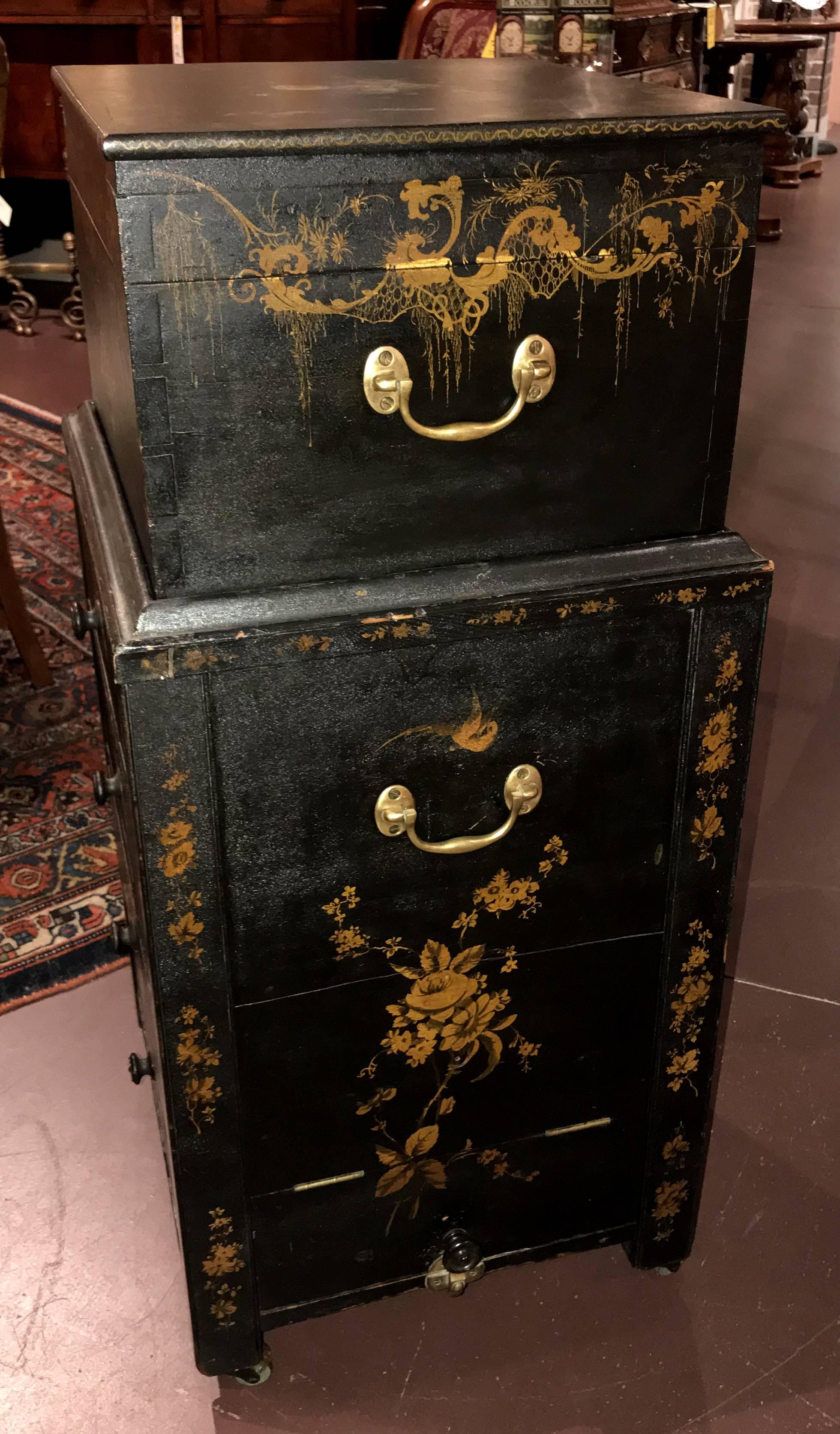Victorian Rare English Two-Piece Ladies Painted Campaign Chest or Travel Companion
