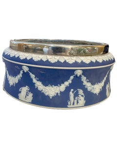 Rare English Wedgewood Jasperware Blue and White Salad Bowl with Silver Rim