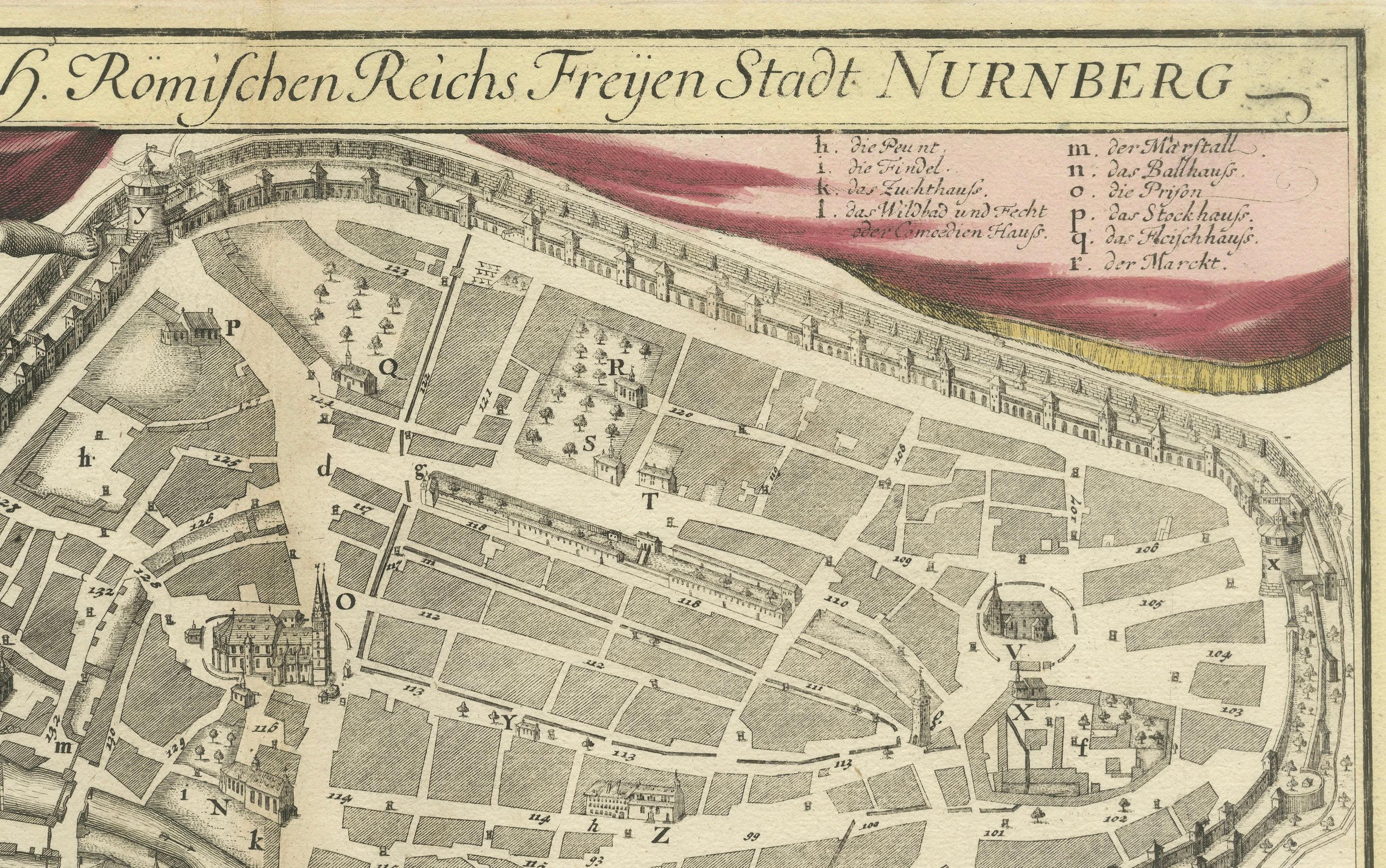 Titel: Seltener gestochener Stadtplan von Nürnberg, Bayern von Christophe Weigel, 1718

Beschreibung: 
Dieser detaillierte Stadtplan von Nürnberg, Bayern, wurde 1718 von Christoph Weigel angefertigt und von Johann Ernst Adelbulner veröffentlicht.