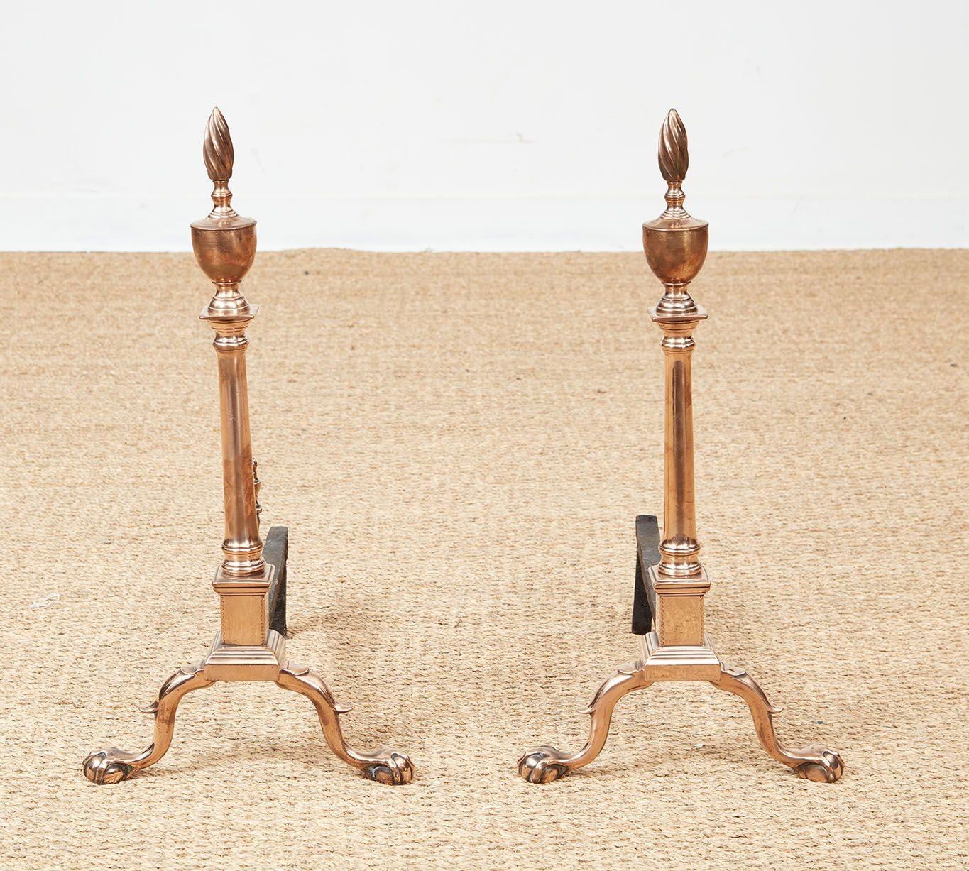 Rare Engraved Federal Bell Metal Andirons For Sale 1