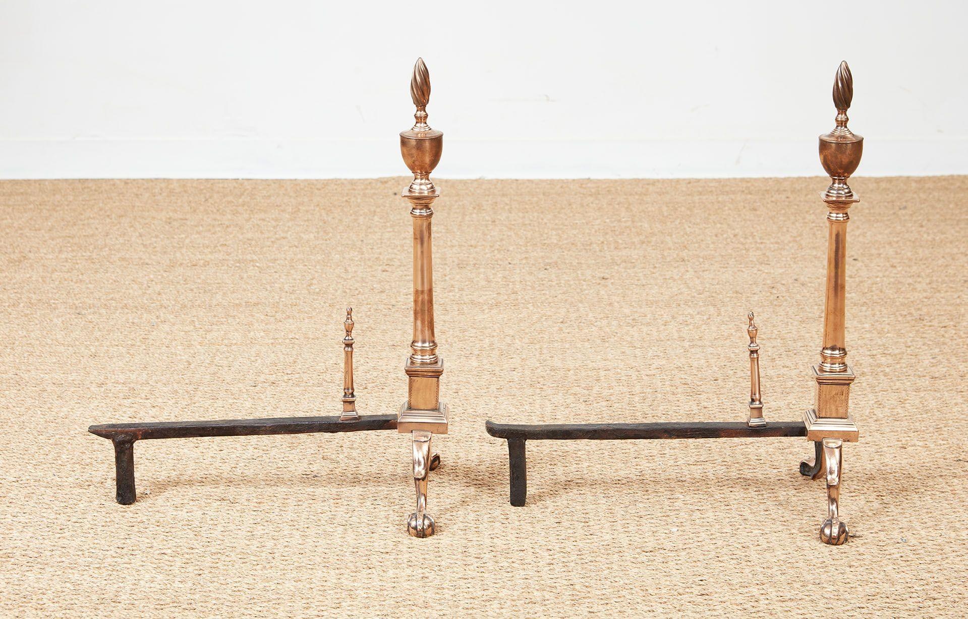 Rare Engraved Federal Bell Metal Andirons For Sale 3