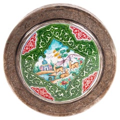 Antique Rare Engraved Silver & Enamel Circular Middle Eastern Box 19th Century 