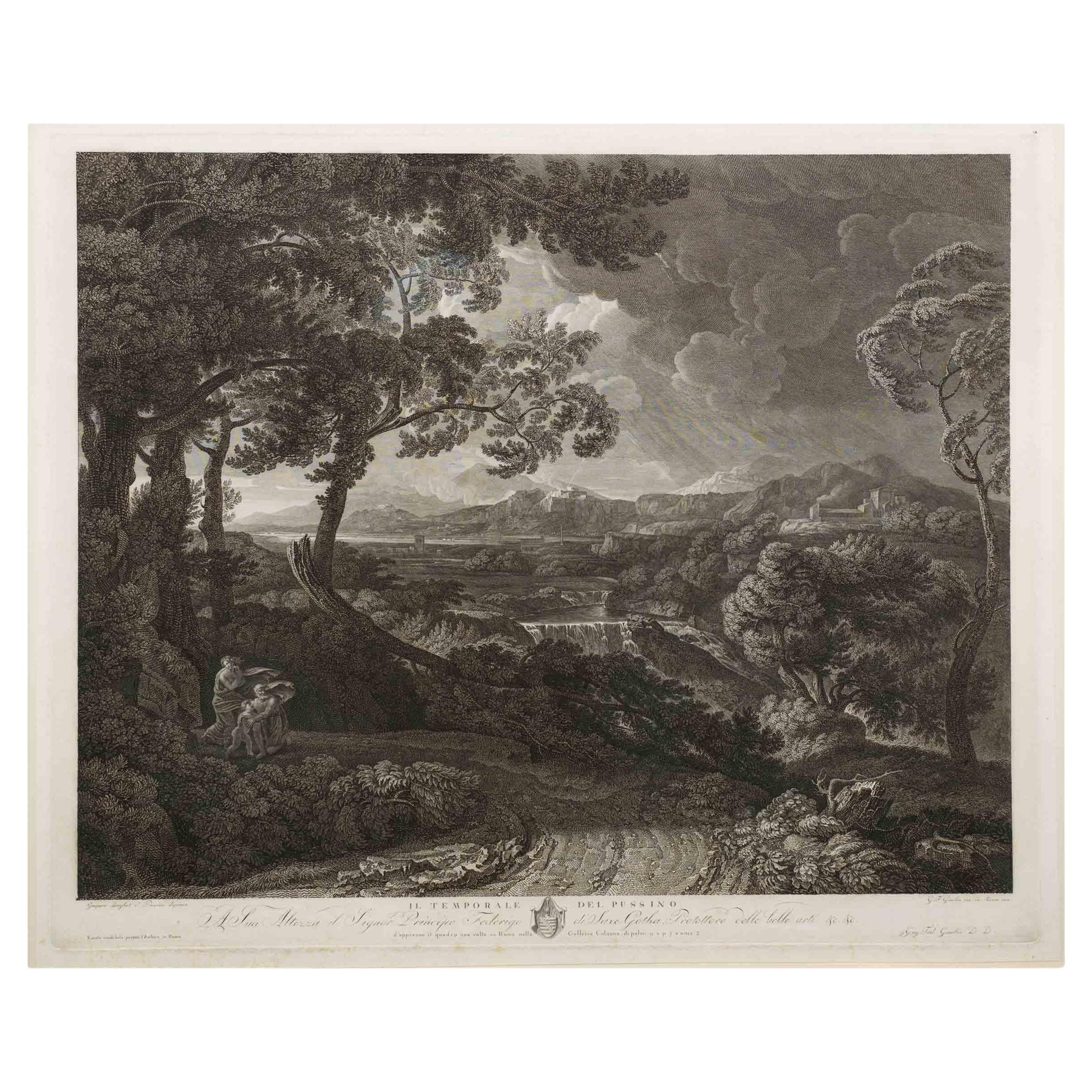 A well-preserved untinted engraving on paper published circa 1813 executed by Wilhelm Friedrich Gmelin after the original painting by Gaspard Poussin of Il Temporale del Pussino. The same engraving is held in the permanent collection of the Harvard