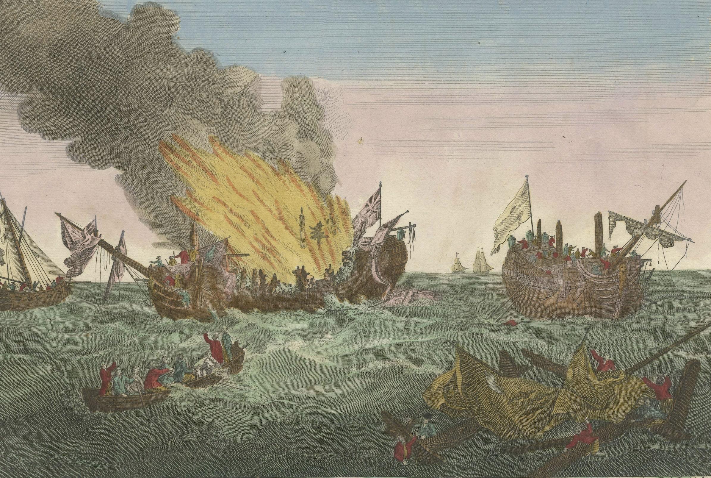 Rare gravure d'une célèbre bataille près d'un Ushant entre les Français et les Britanniques Bon état - En vente à Langweer, NL