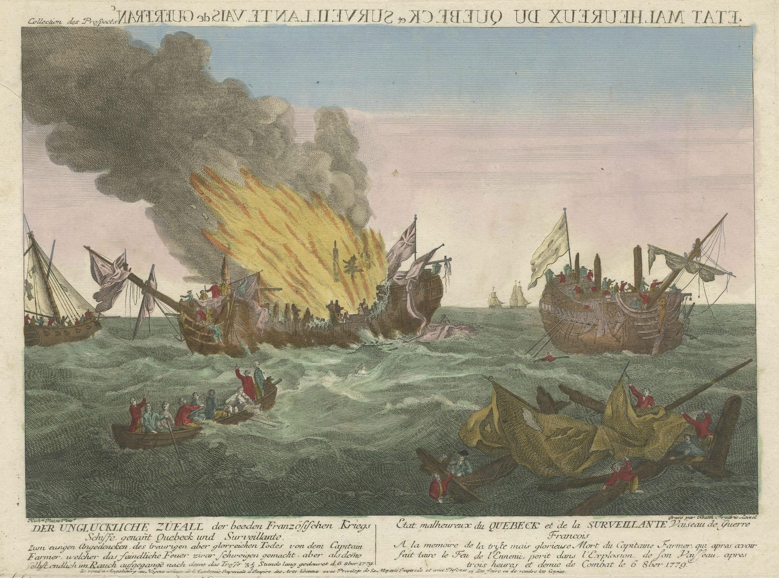 XVIIIe siècle Rare gravure d'une célèbre bataille près d'un Ushant entre les Français et les Britanniques en vente
