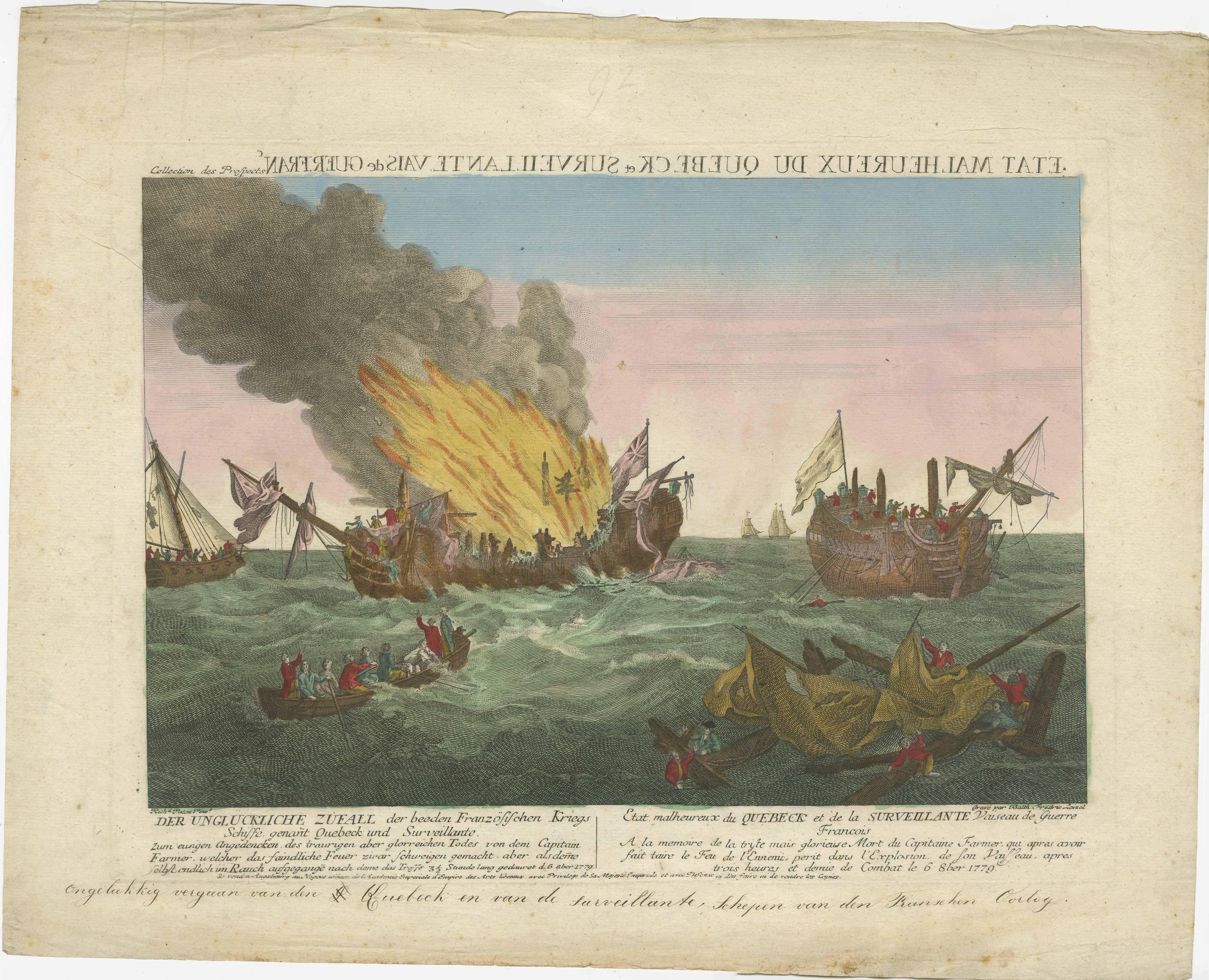 Paper Rare Engraving of a Famous Battle Near Ushant Between the French and British For Sale