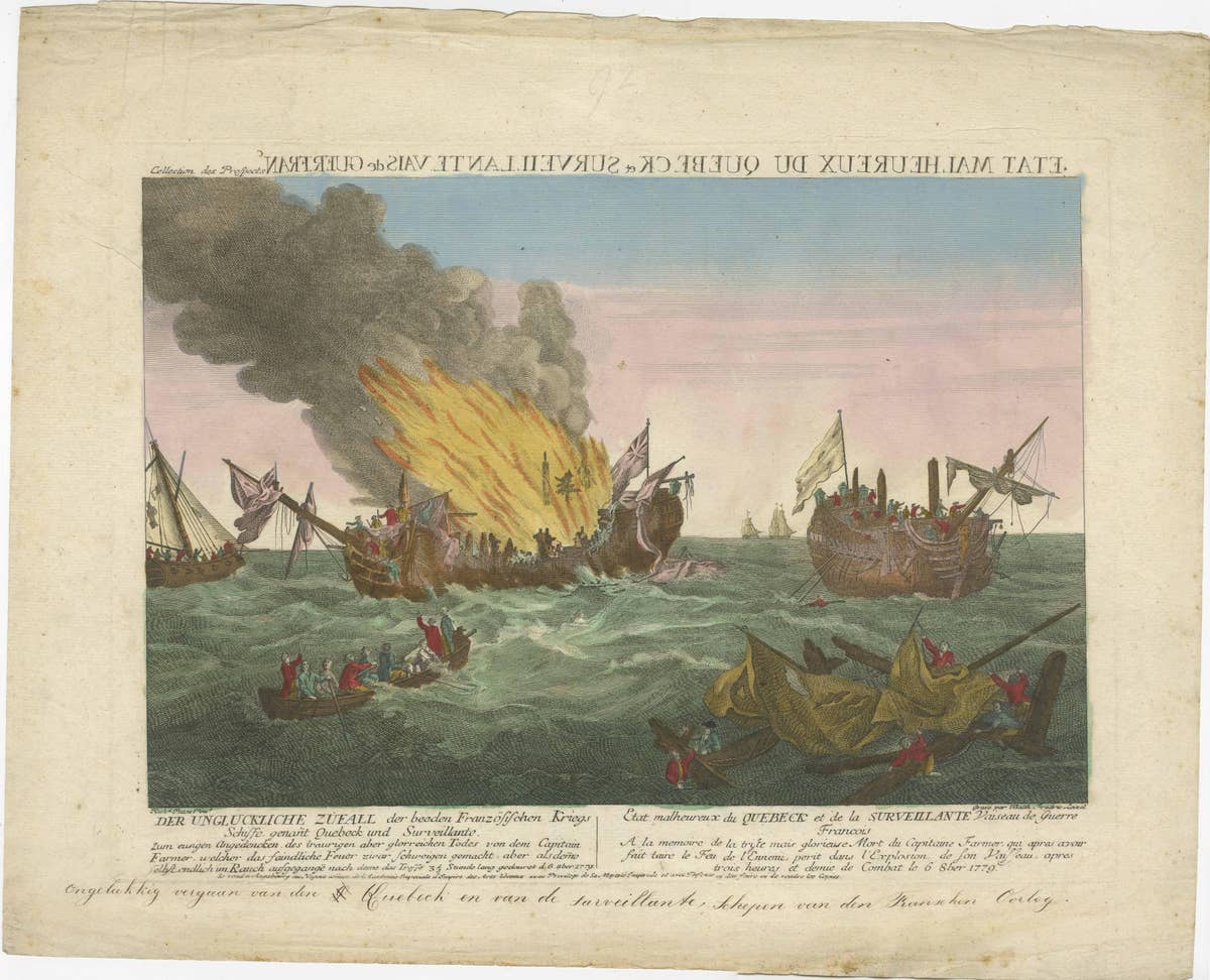 Rare Engraving of a Famous Battle Near Ushant Between the French and British
