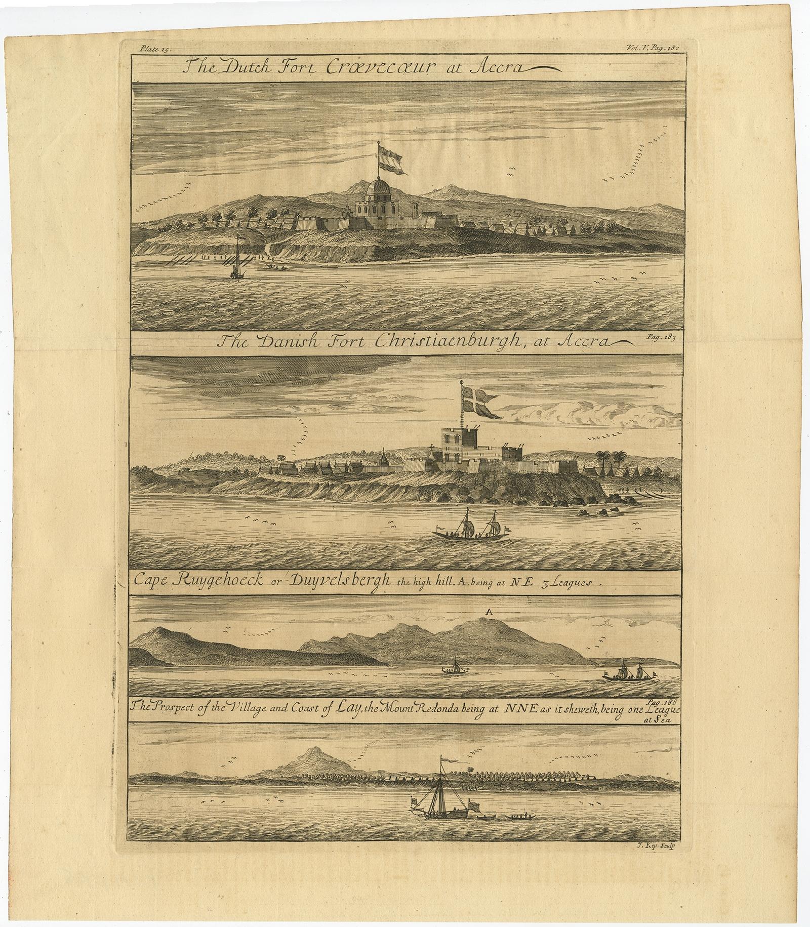 Antique print, titled: 'The Dutch Fort Croevecoeur (…).' 

A four panel plate showing forts on the West African Gold Coast, Ghana; a) The Dutch Fort Croevecoeur at Accra, b) The Danish Fort Christiaenburgh at Accra, c) Cape Ruygehoeck or