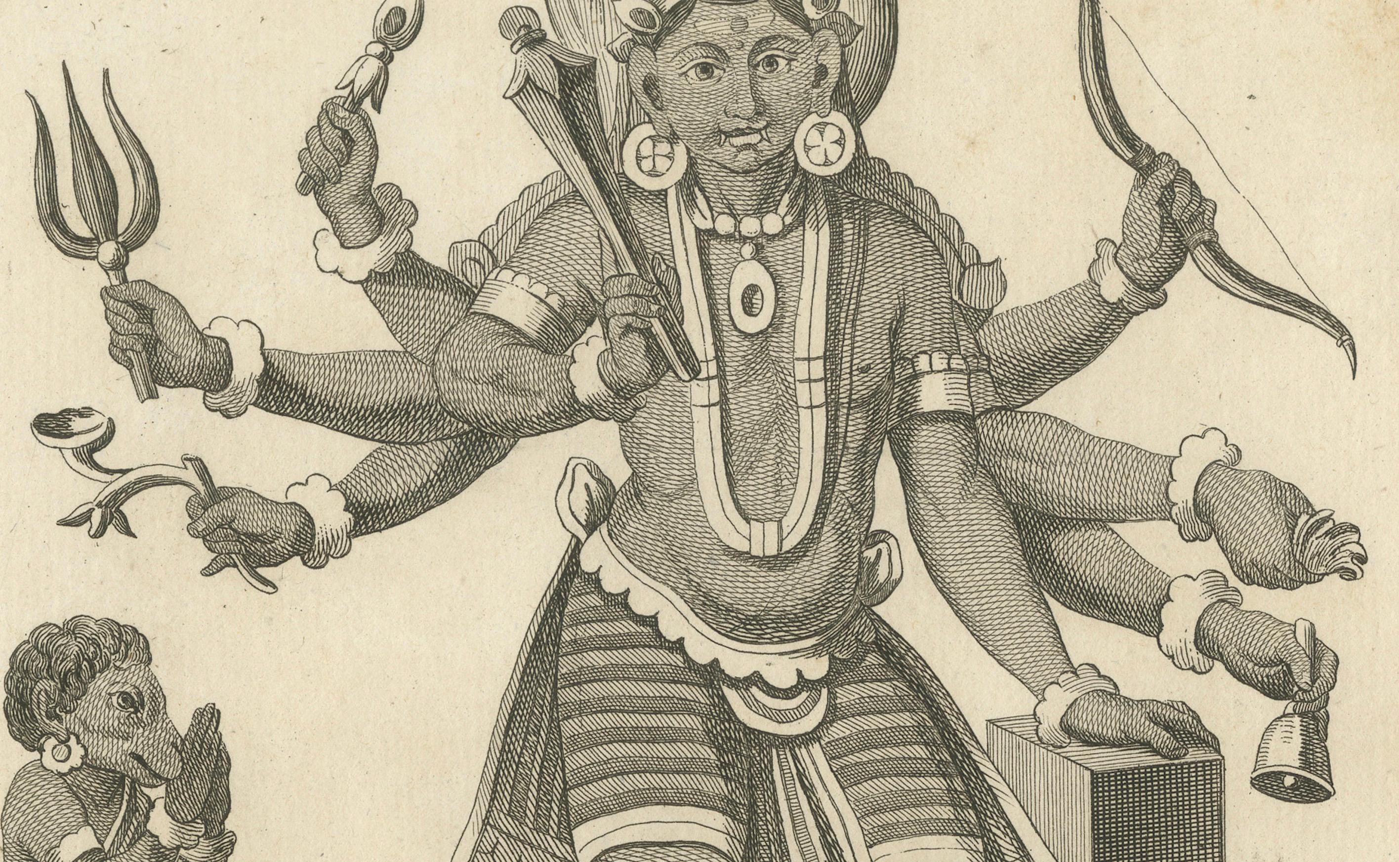 Rare gravure de la divinité hindoue Virapatrin, édition ancienne publiée en 1806 Bon état - En vente à Langweer, NL