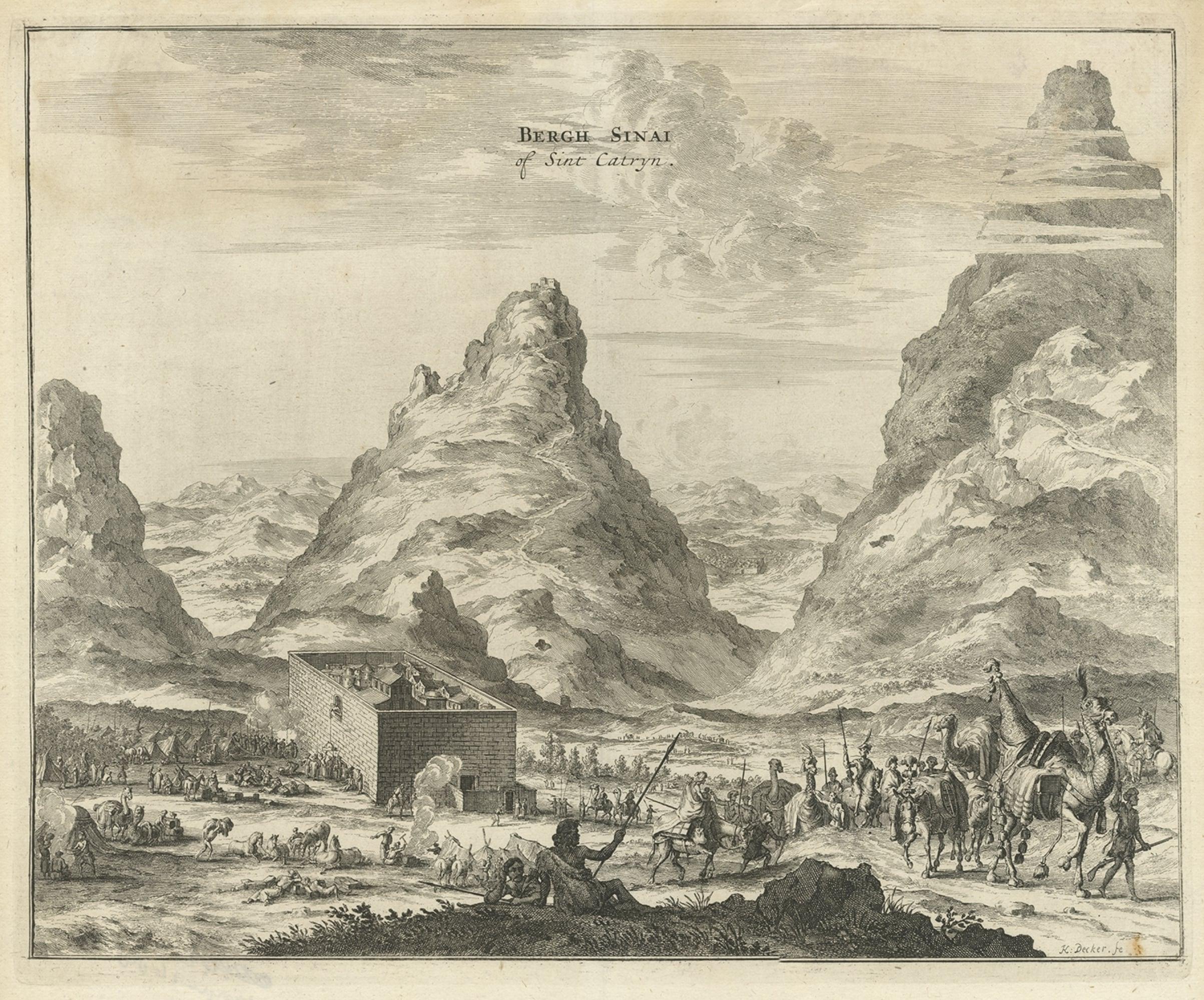 Rare antique print titled ‘Bergh Sinai of Sint Catryn’. 

This engraving shows Mount Sinai (also known as Mount Horeb) with St. Catherine's Monastery at the foot of the mountains and Bedouin encampments surrounding it. Engraved by Karl