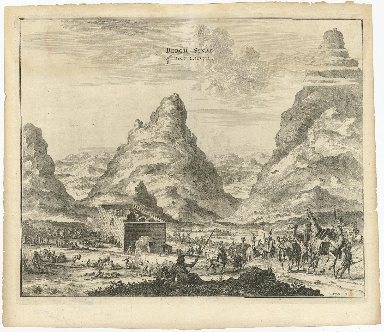 Rare Engraving of Mount Sinai with St. Catherine's Monastery and Bedouins, 1680 In Good Condition For Sale In Langweer, NL