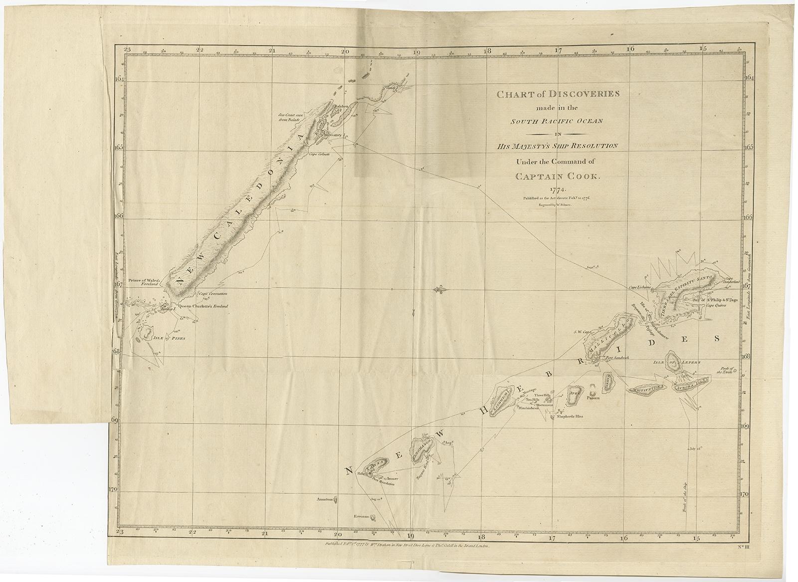 Antique map titled 'Chart of Discoveries made in the South Pacific Ocean'. 

Rare engraving from the official British Admiralty sanctioned edition of the accounts of Cook’s second voyage. All other later copies made of this image by other