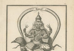 Rare Engraving of Sani, Hindu Deity on Raven, Antique Print, 1806