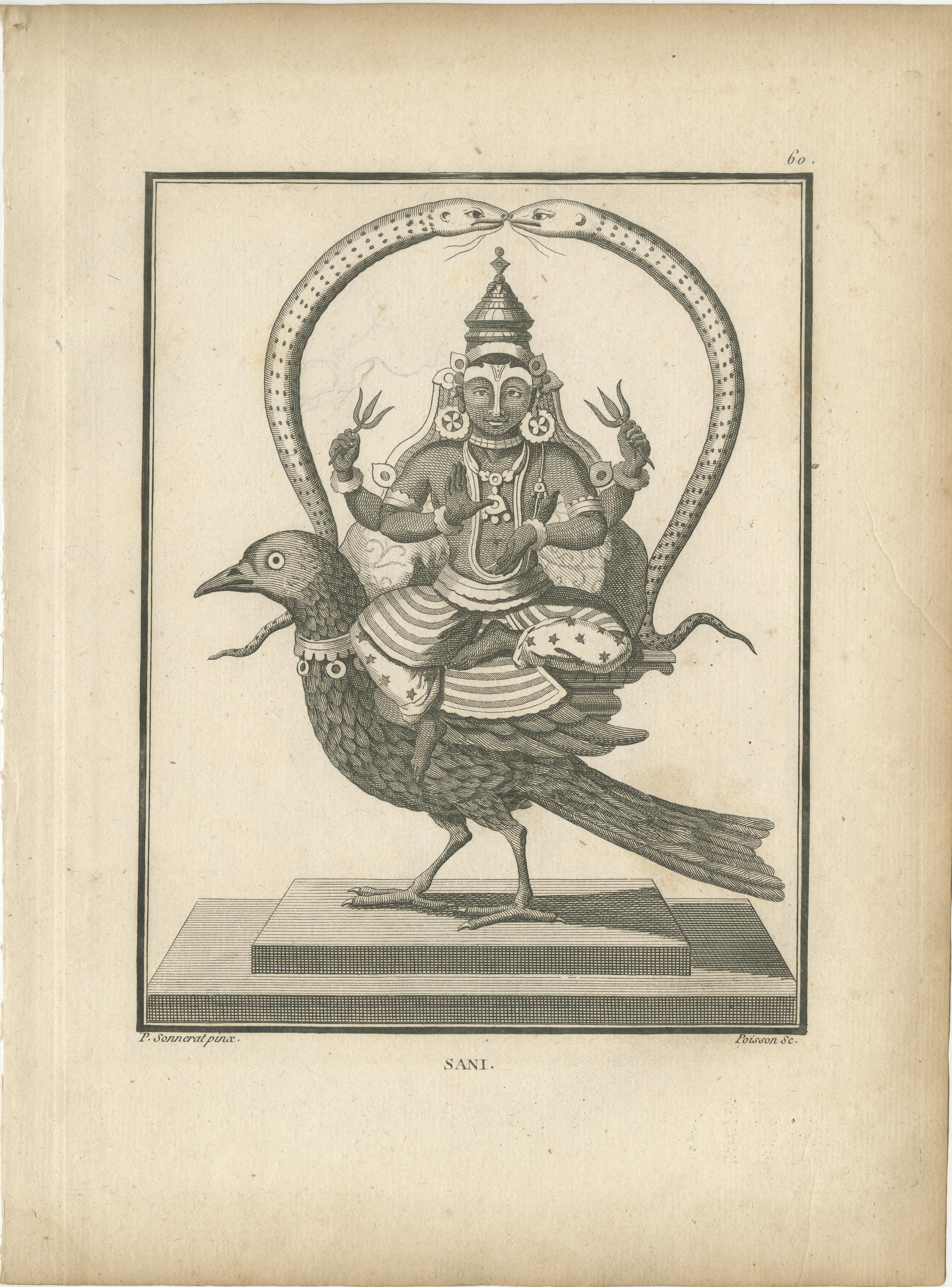 Rare gravure ancienne de Sani, divinité hindoue sur raton laveur, 1806 en vente 2