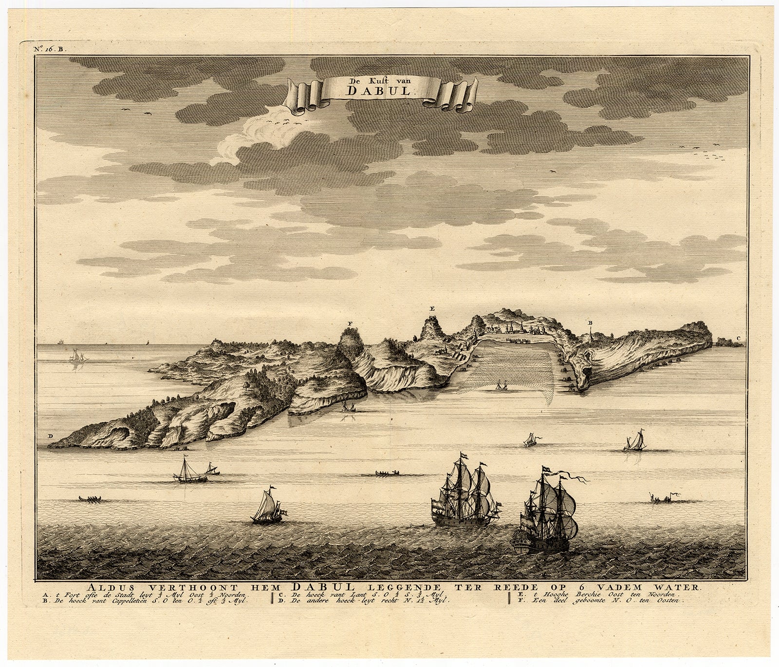 Antique print titled 'De Kust van Dabul'. Antique print depicting the coast of Dabhol / Dabul in India. This print originates from 'Oud en Nieuw Oost-Indiën' by F. Valentijn.

Artists and Engravers: The author François Valentijn (1666-1727), was a