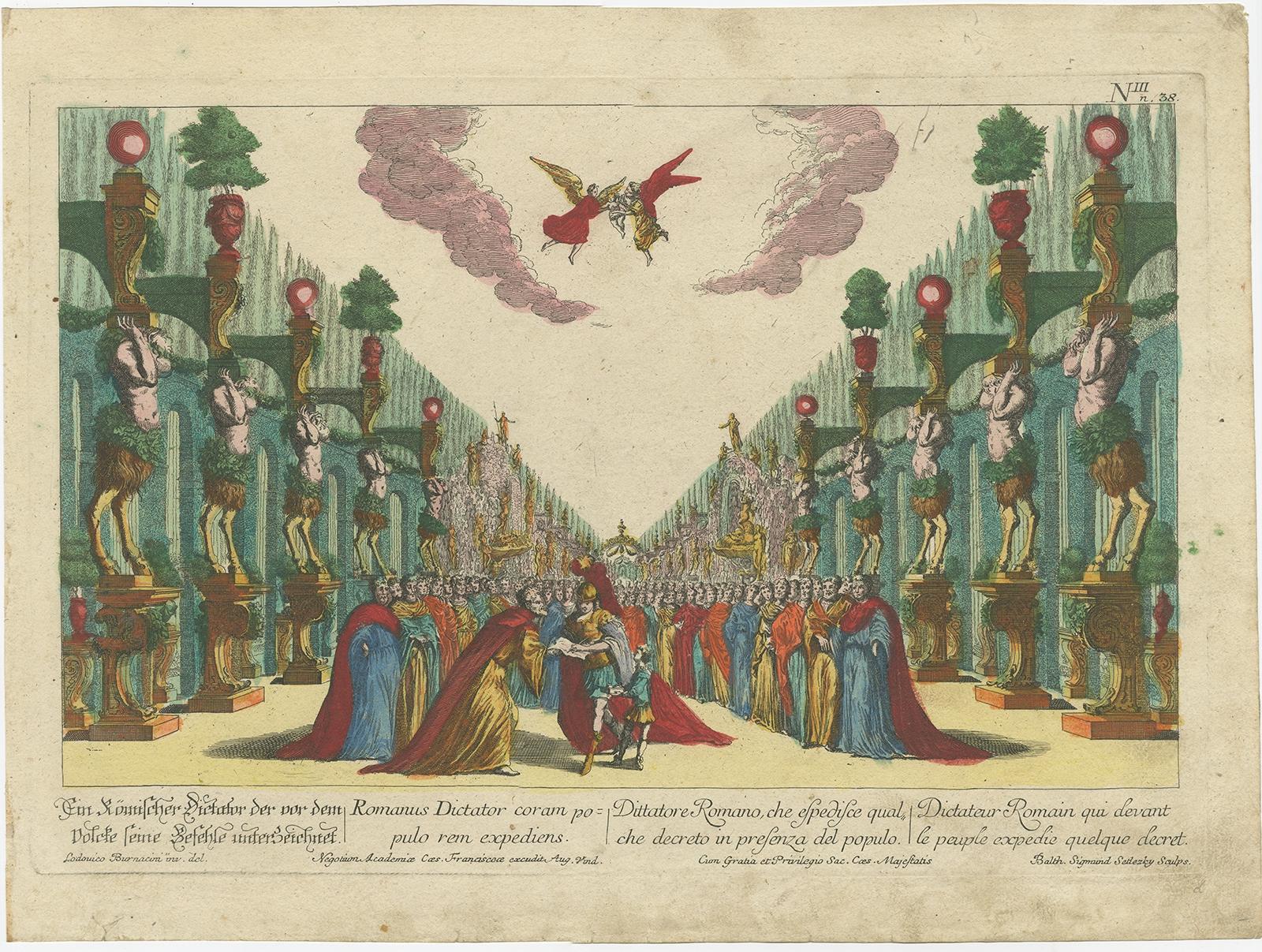 Antiker Druck mit dem Titel 'Romanus Dictator coram populorem expediens'. 

Gravur eines Diktators, der seine Befehle unterzeichnet. Dieser Stich zeigt eines der Bühnenbilder für 