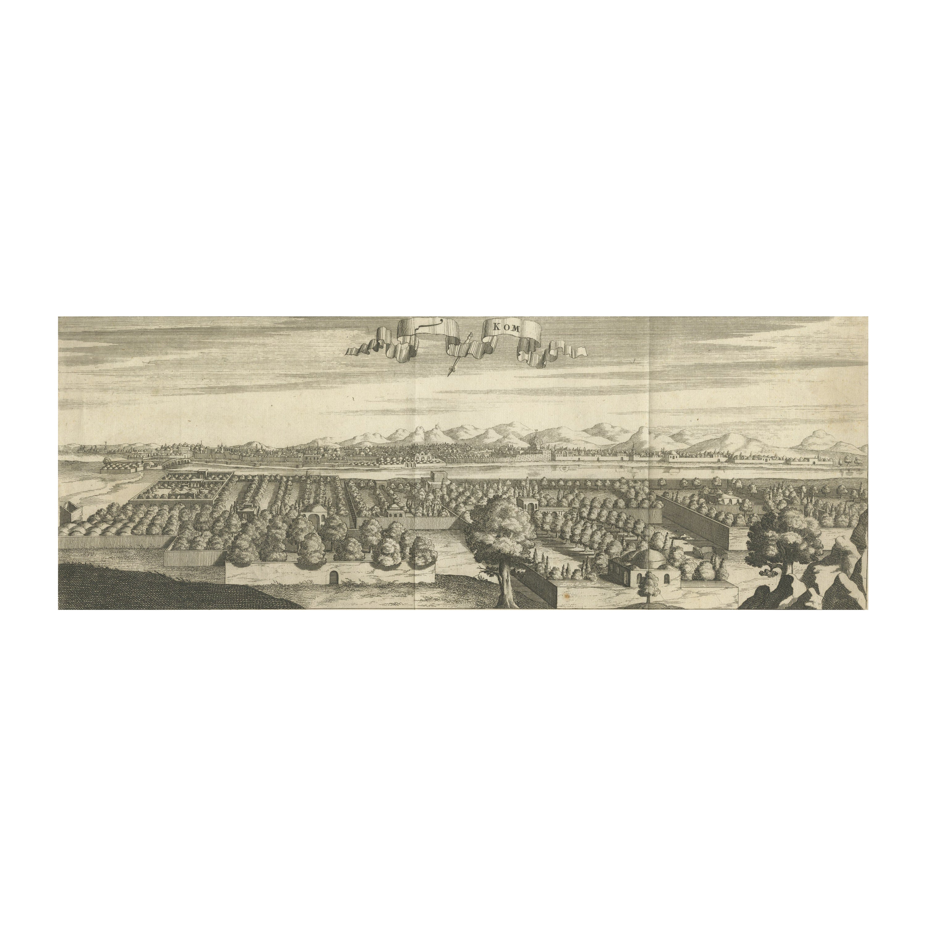 Rare gravure avec une vue de la ville de Kom en Égypte en vente