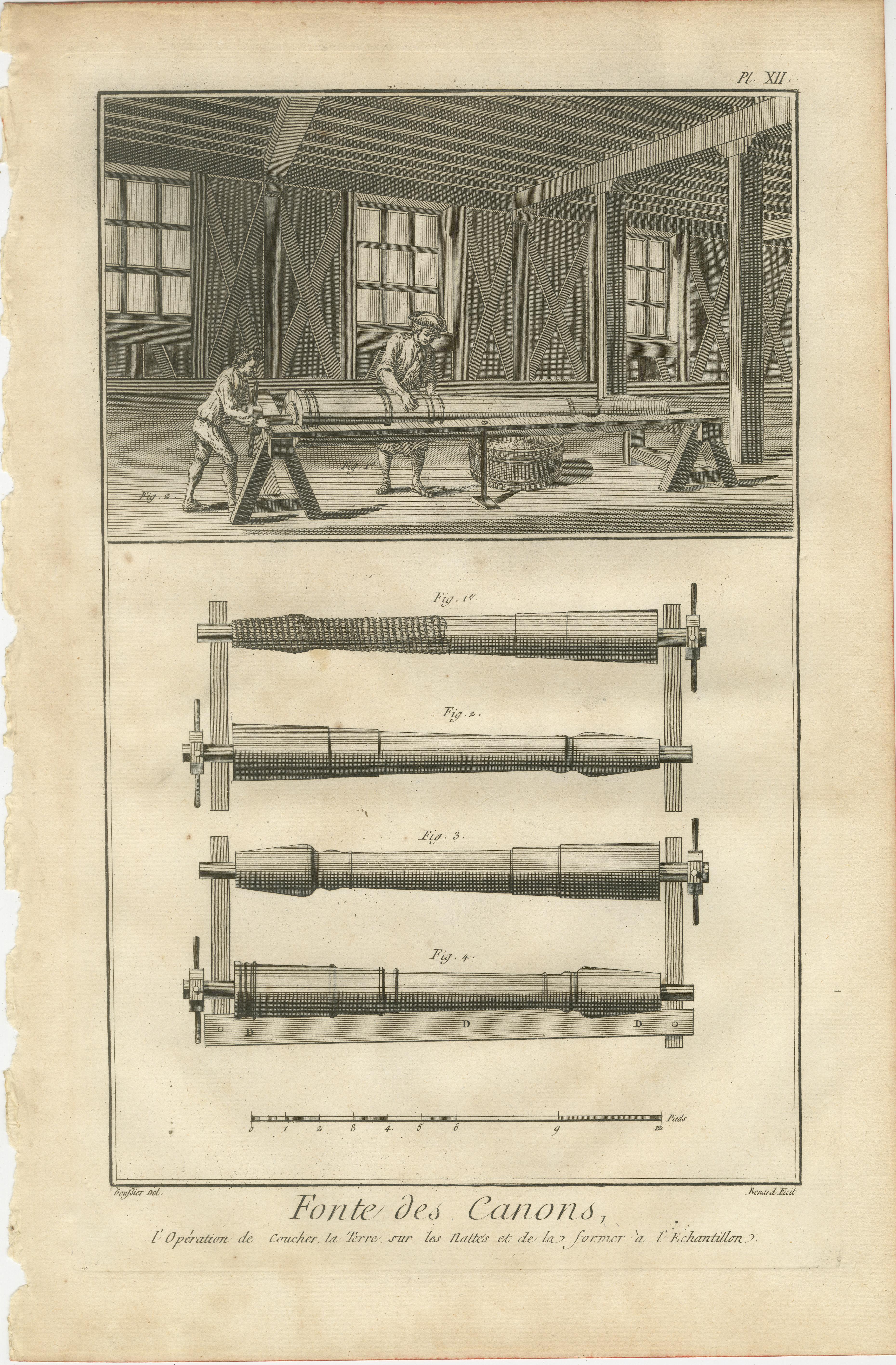 Gravé Gravures rares représentant le processus complexe de fabrication de canons, vers 1770 en vente