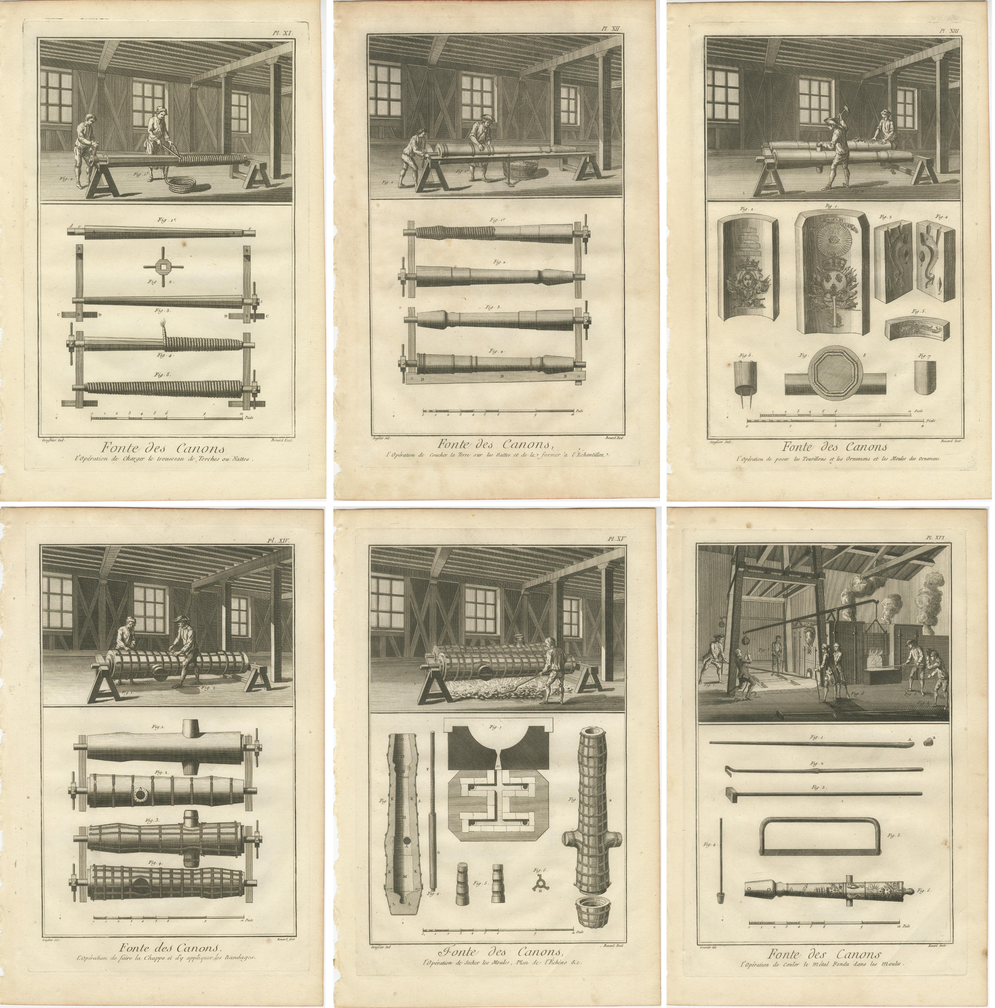 Gravures rares représentant le processus complexe de fabrication de canons, vers 1770 en vente 2