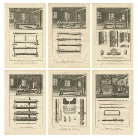 Rare Engravings Depicting the Intricate Process of Cannon Manufacturing, ca.1770
